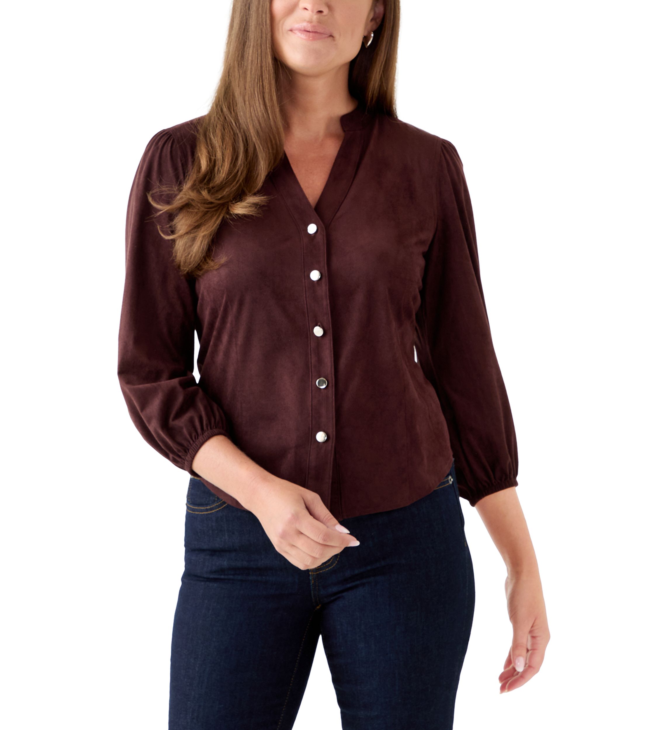 Petite Faux Suede Button Down Shirt