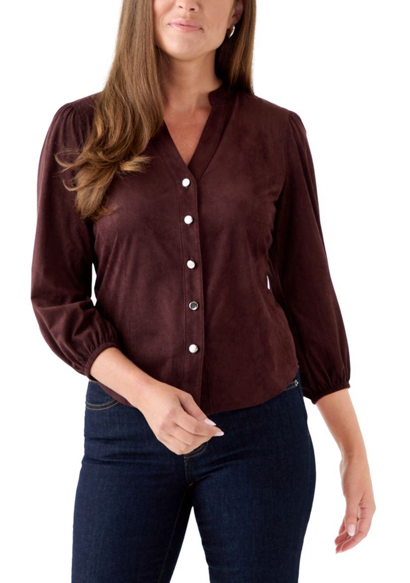 Petite Faux Suede Button Down Shirt