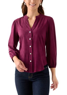 Fever Women's Petite Faux Suede Button Down Shirt, PXL