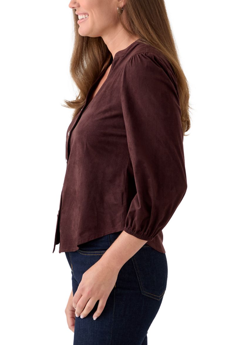 Petite Faux Suede Button Down Shirt