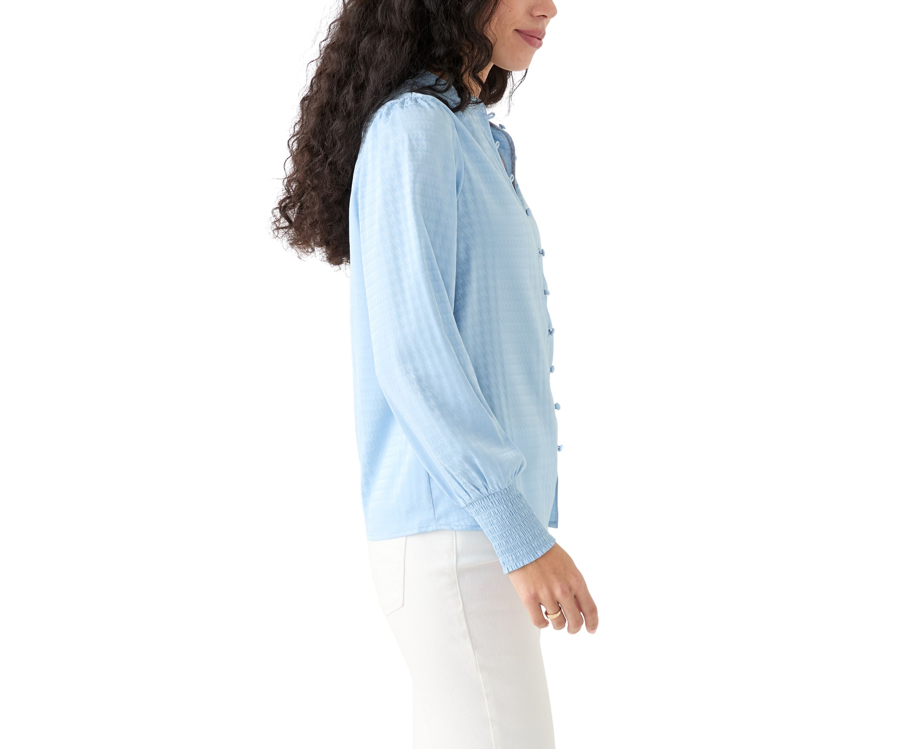 Petite Long Sleeve Button Front Top