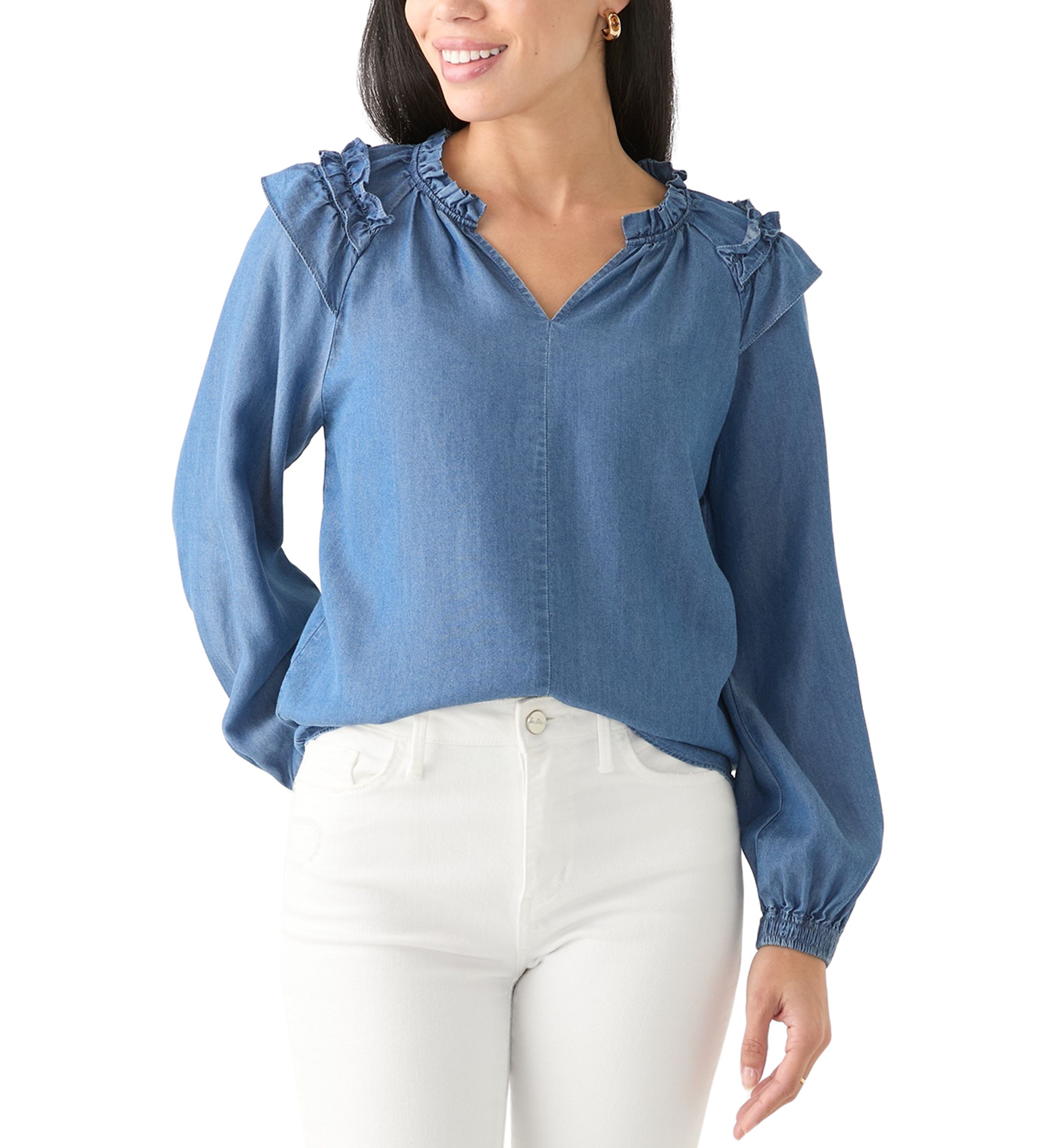 Petite Split Neck Ruffle Top