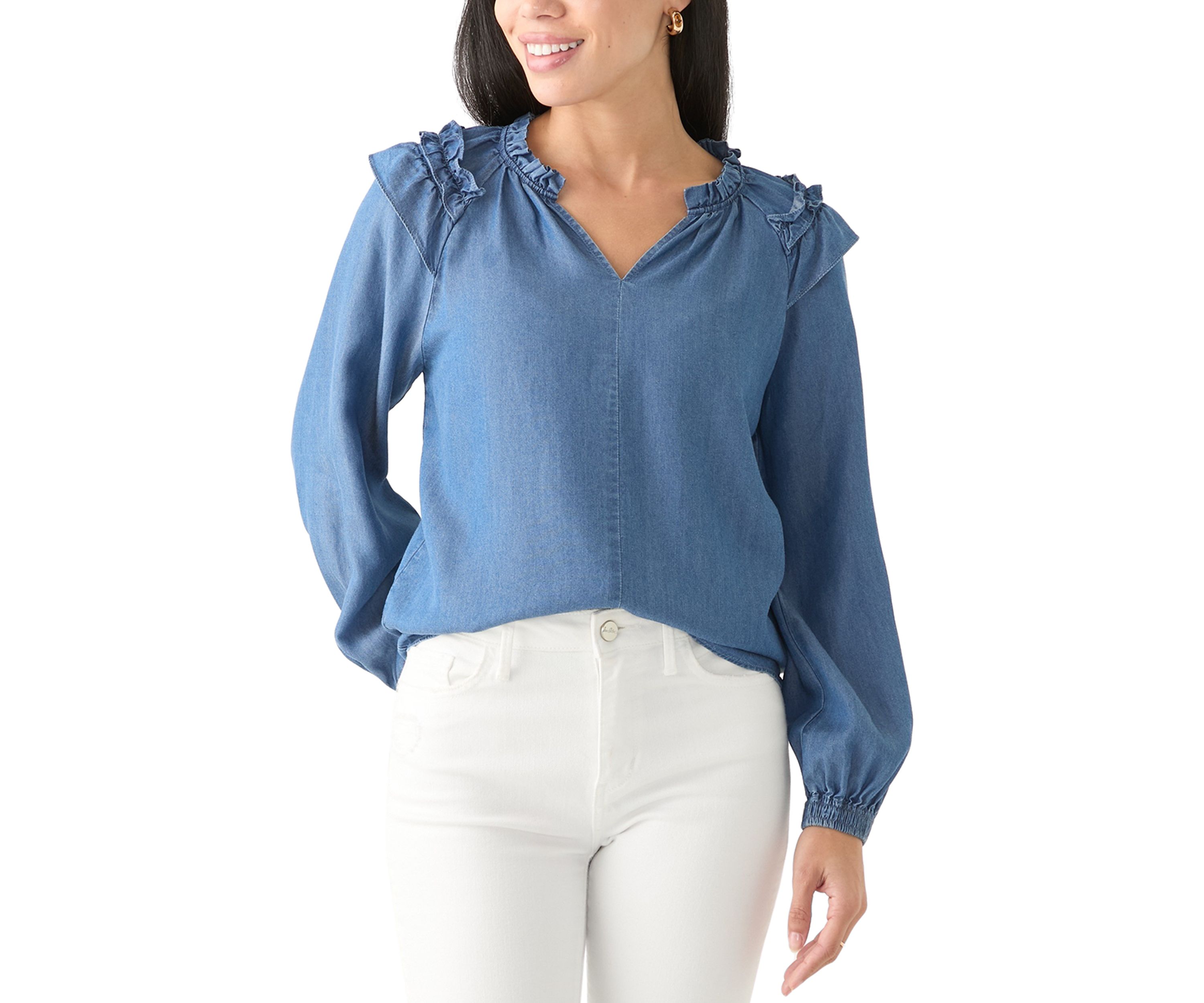 Fever Petite Split Neck Ruffle Top | Belk