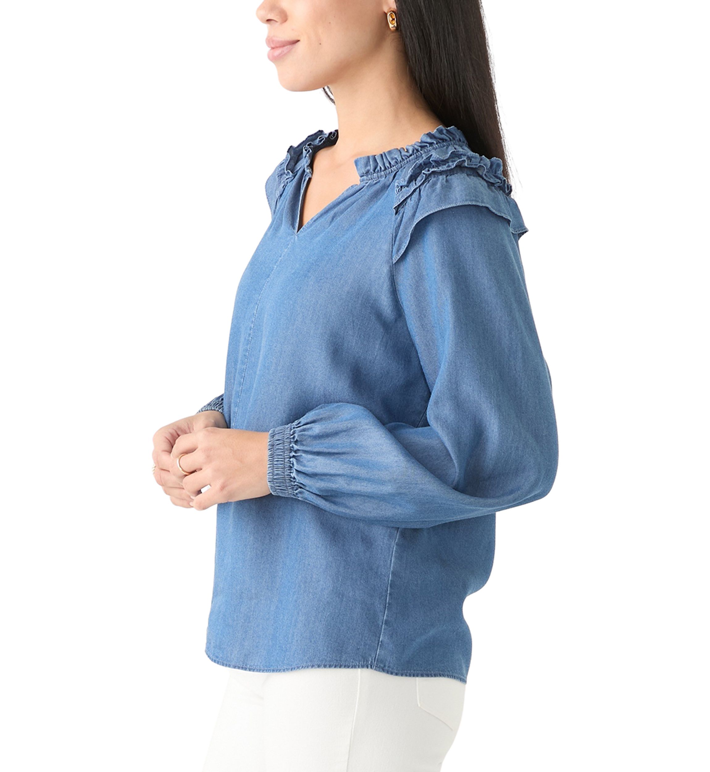 Petite Split Neck Ruffle Top