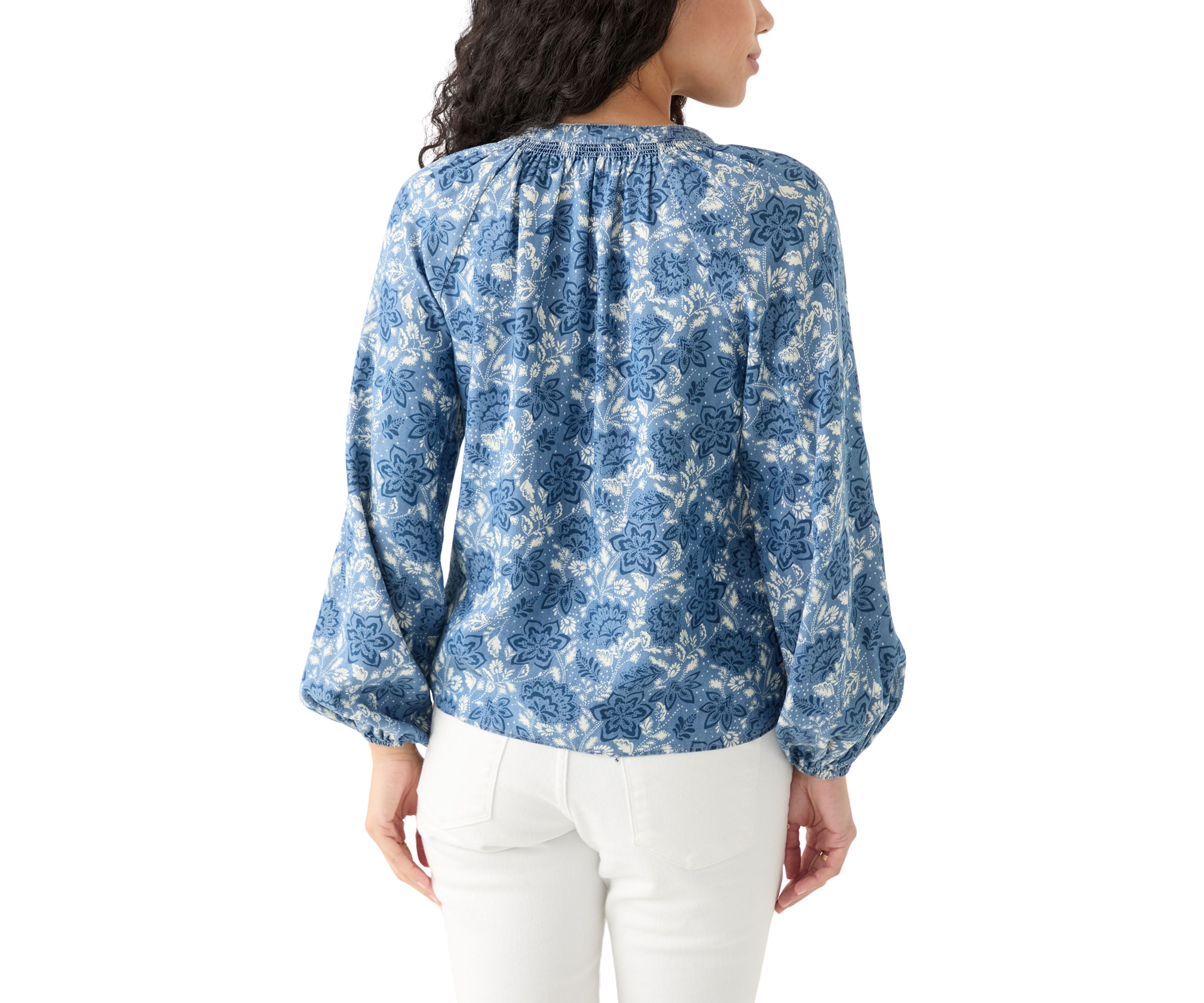 Petite Long Sleeve Split Neck Peasant Blouse