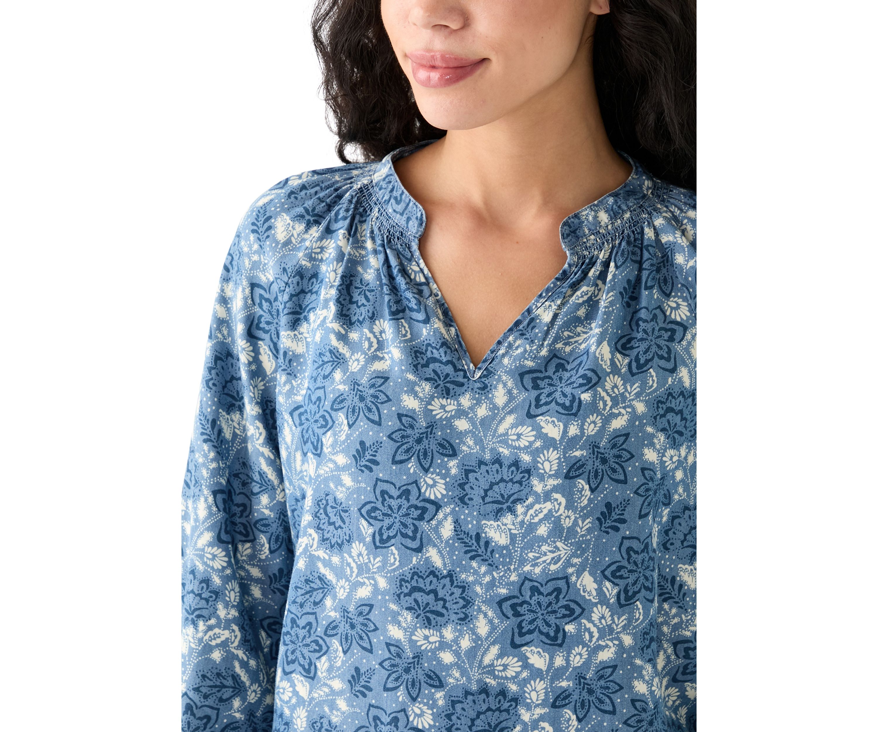 Petite Long Sleeve Split Neck Peasant Blouse