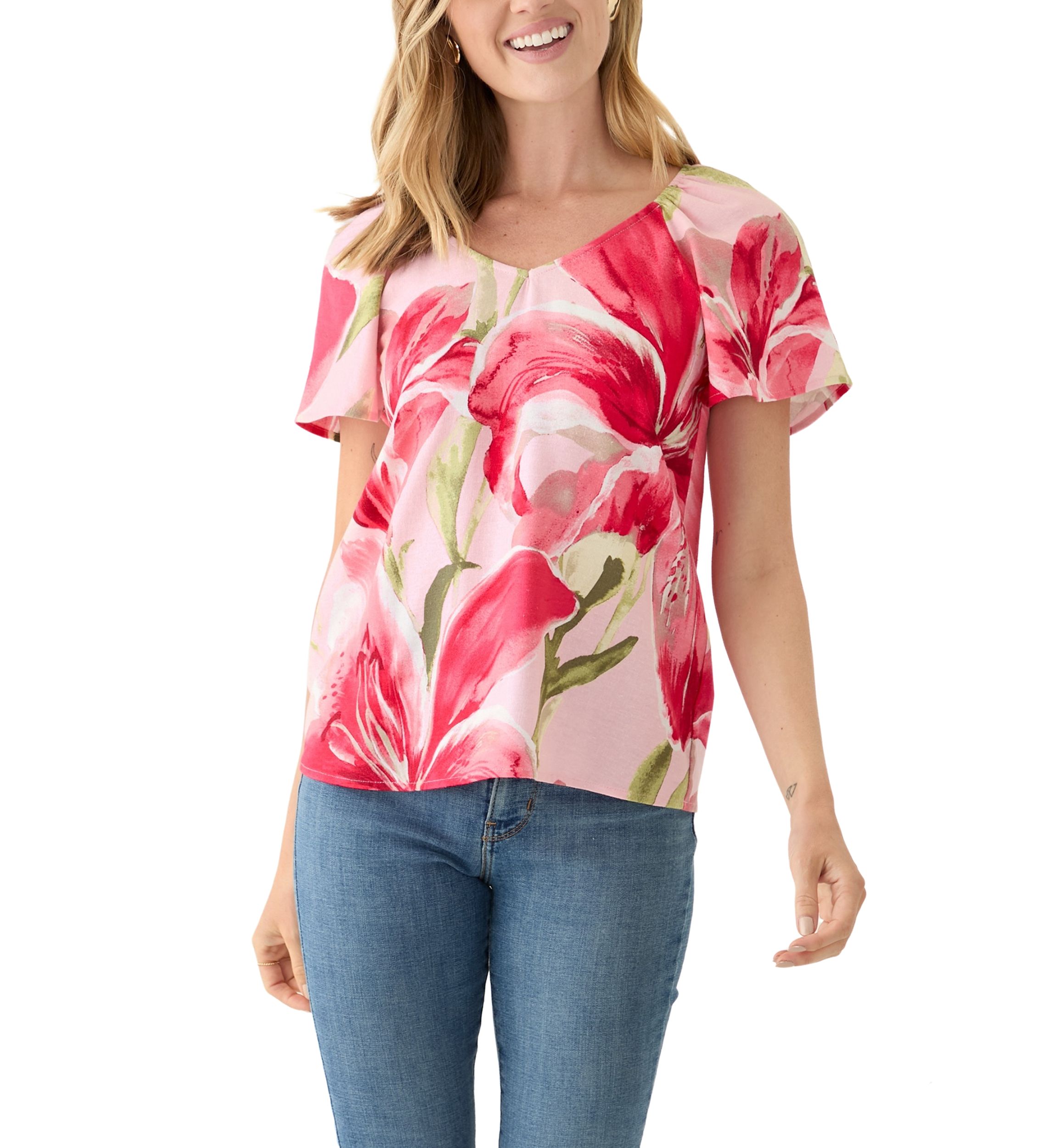 Petite Short Flutter Sleeve Floral Top