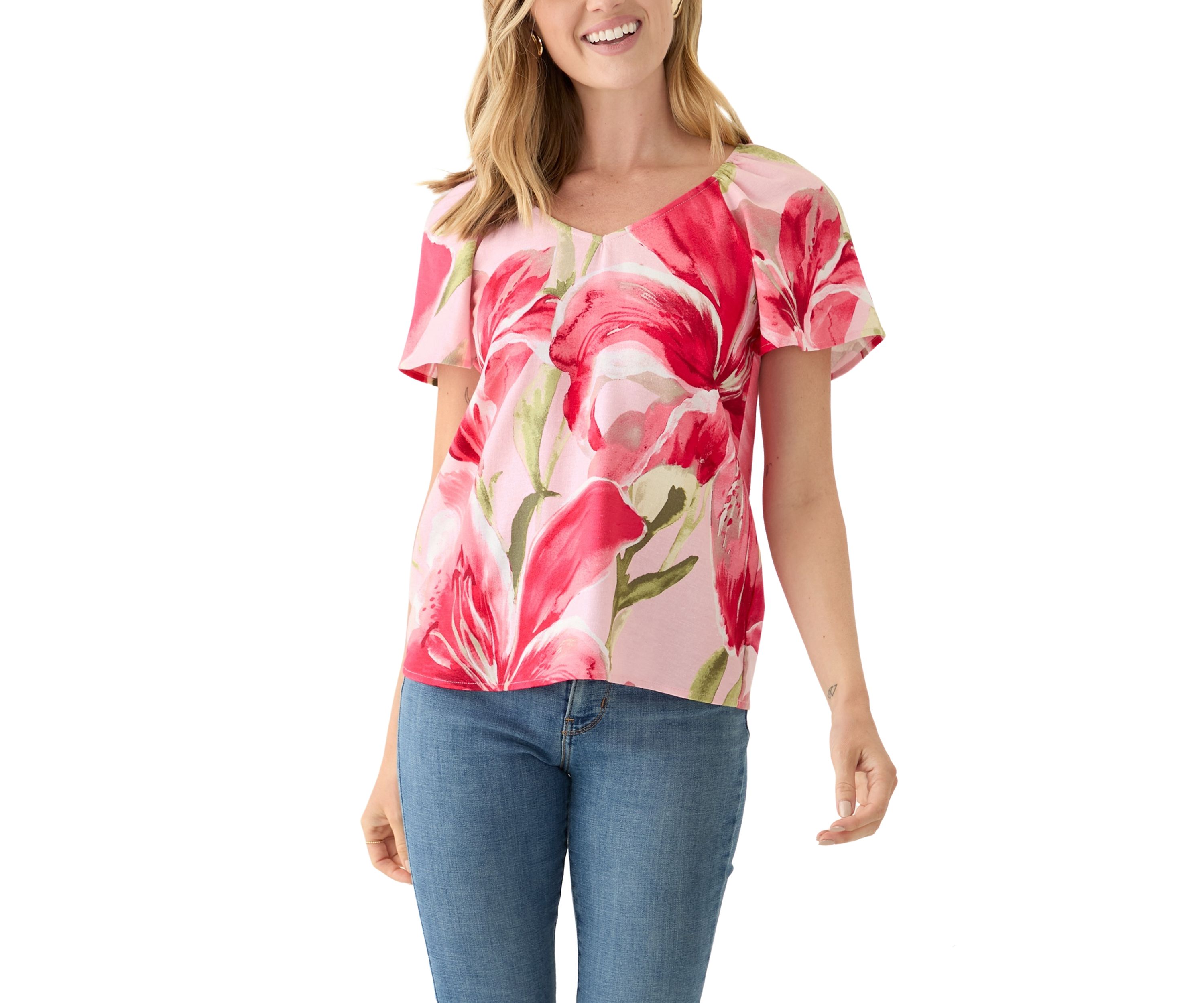 Petite Short Flutter Sleeve Floral Top