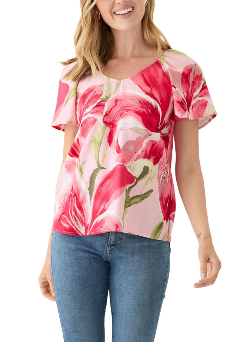 Petite Short Flutter Sleeve Floral Top