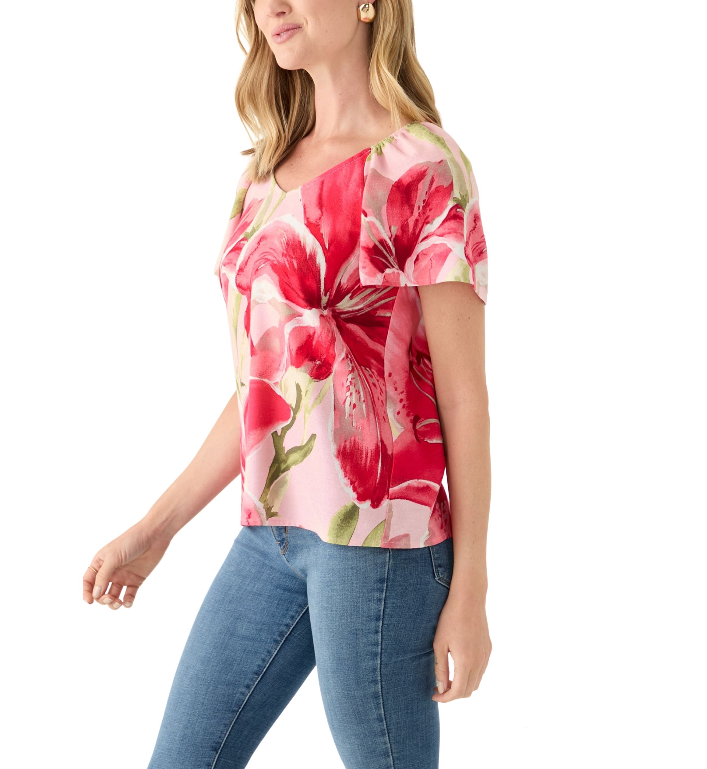 Petite Short Flutter Sleeve Floral Top