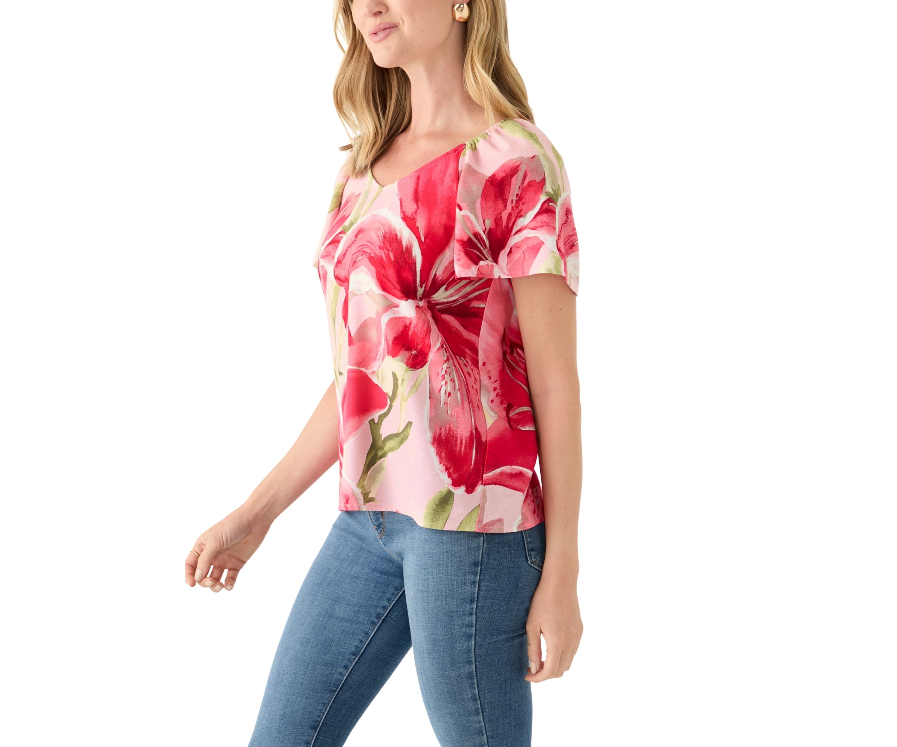 Petite Short Flutter Sleeve Floral Top