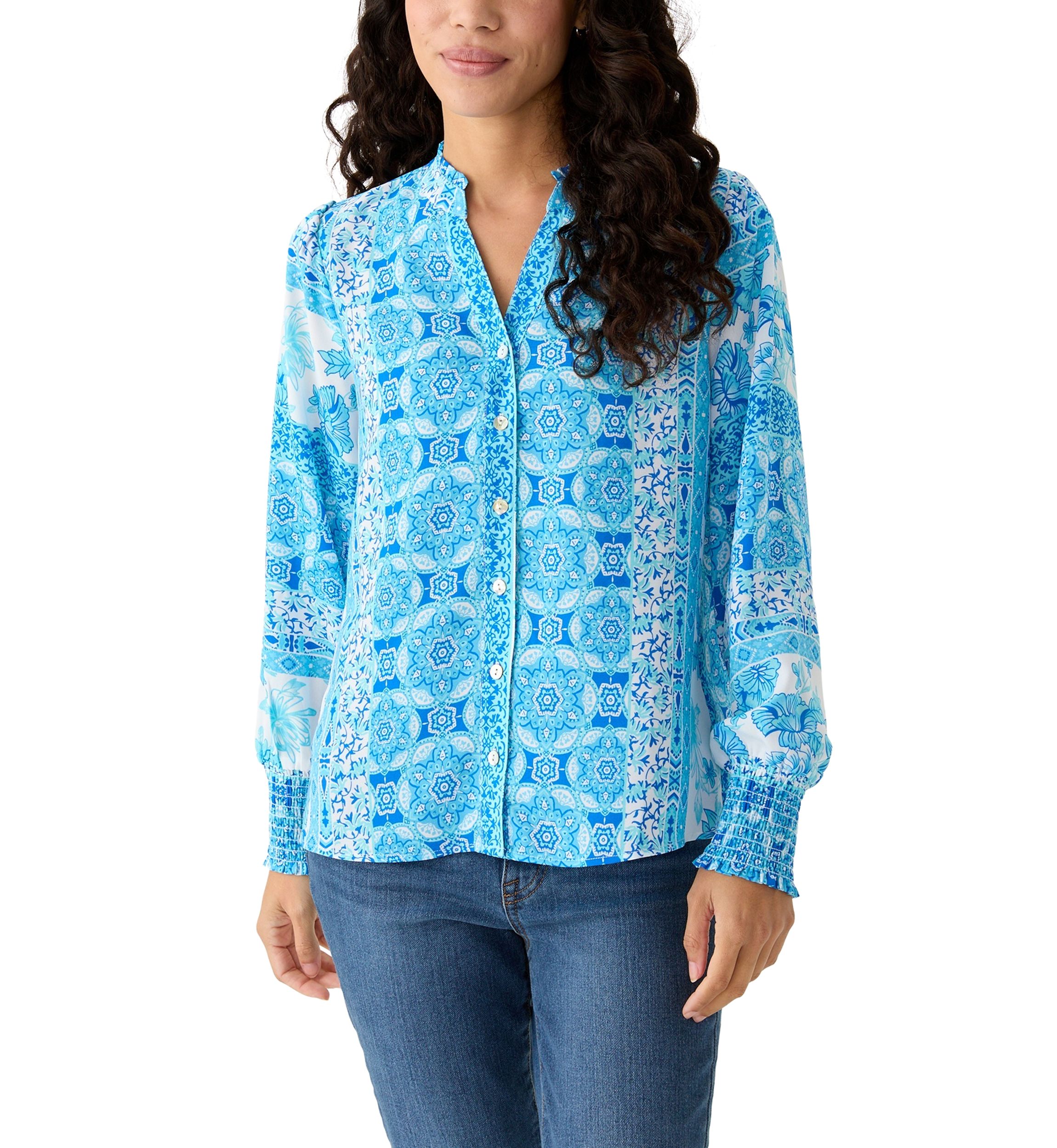 Petite Printed Long Sleeve Button Down Blouse