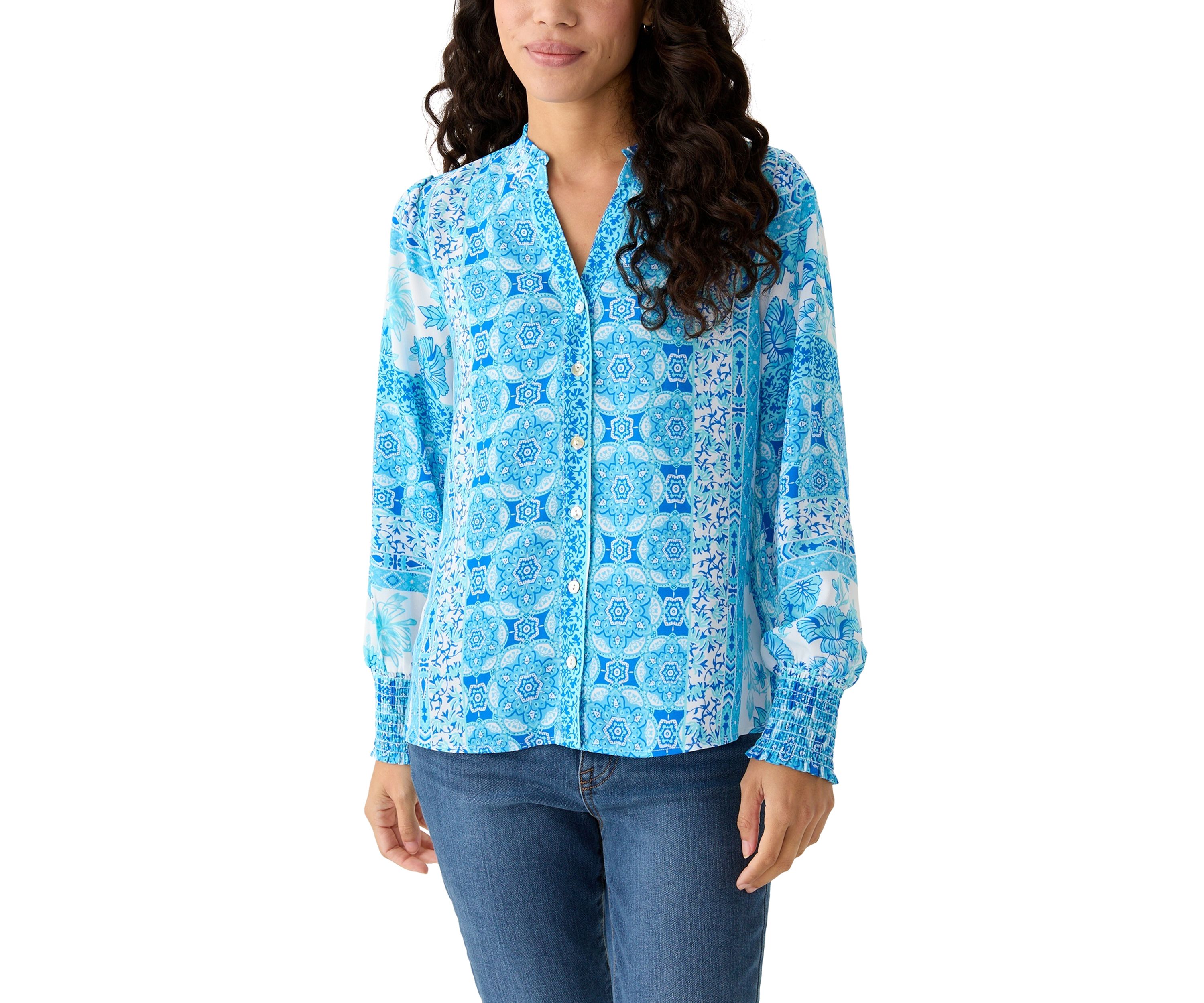 Petite Printed Long Sleeve Button Down Blouse