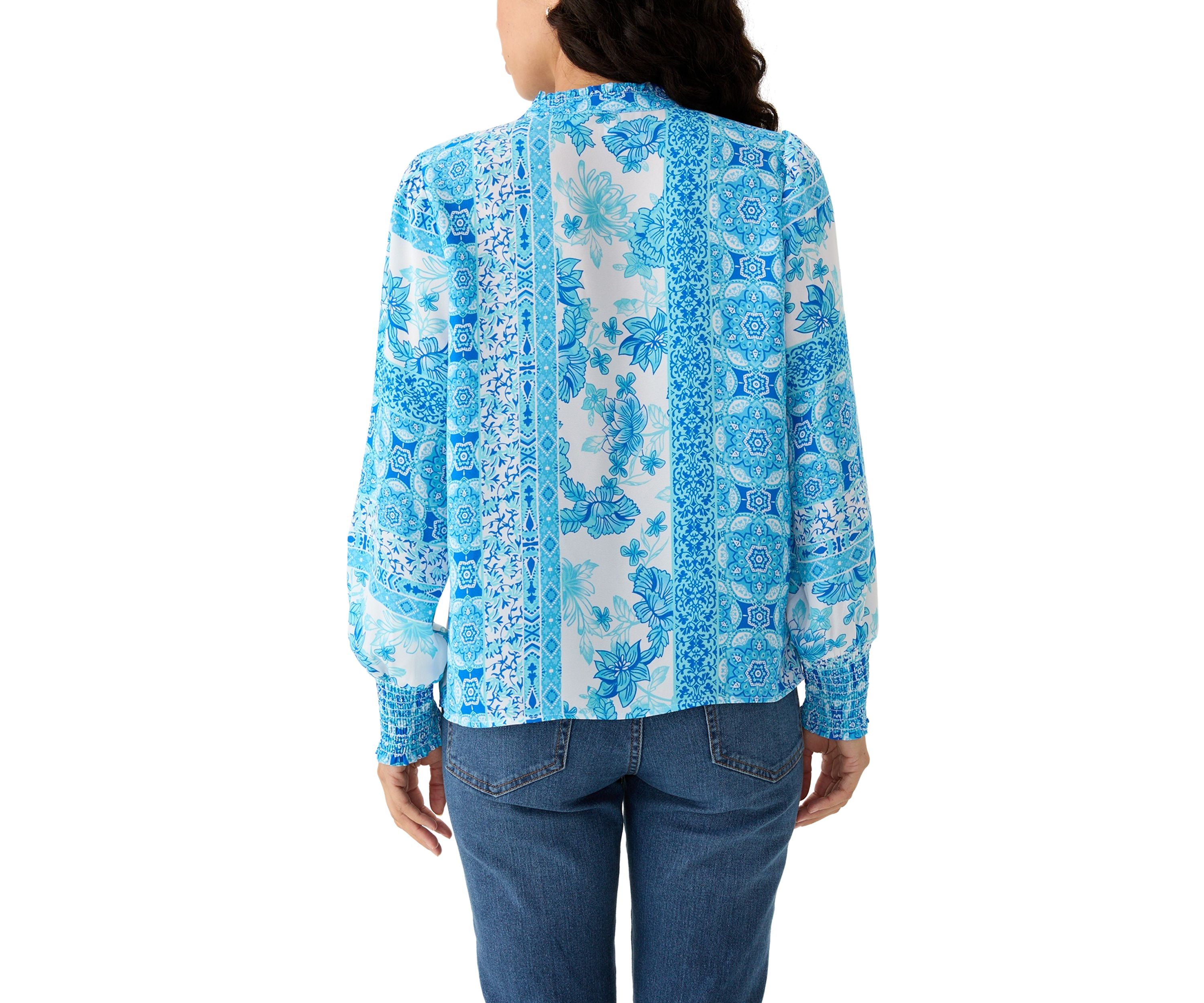 Petite Printed Long Sleeve Button Down Blouse