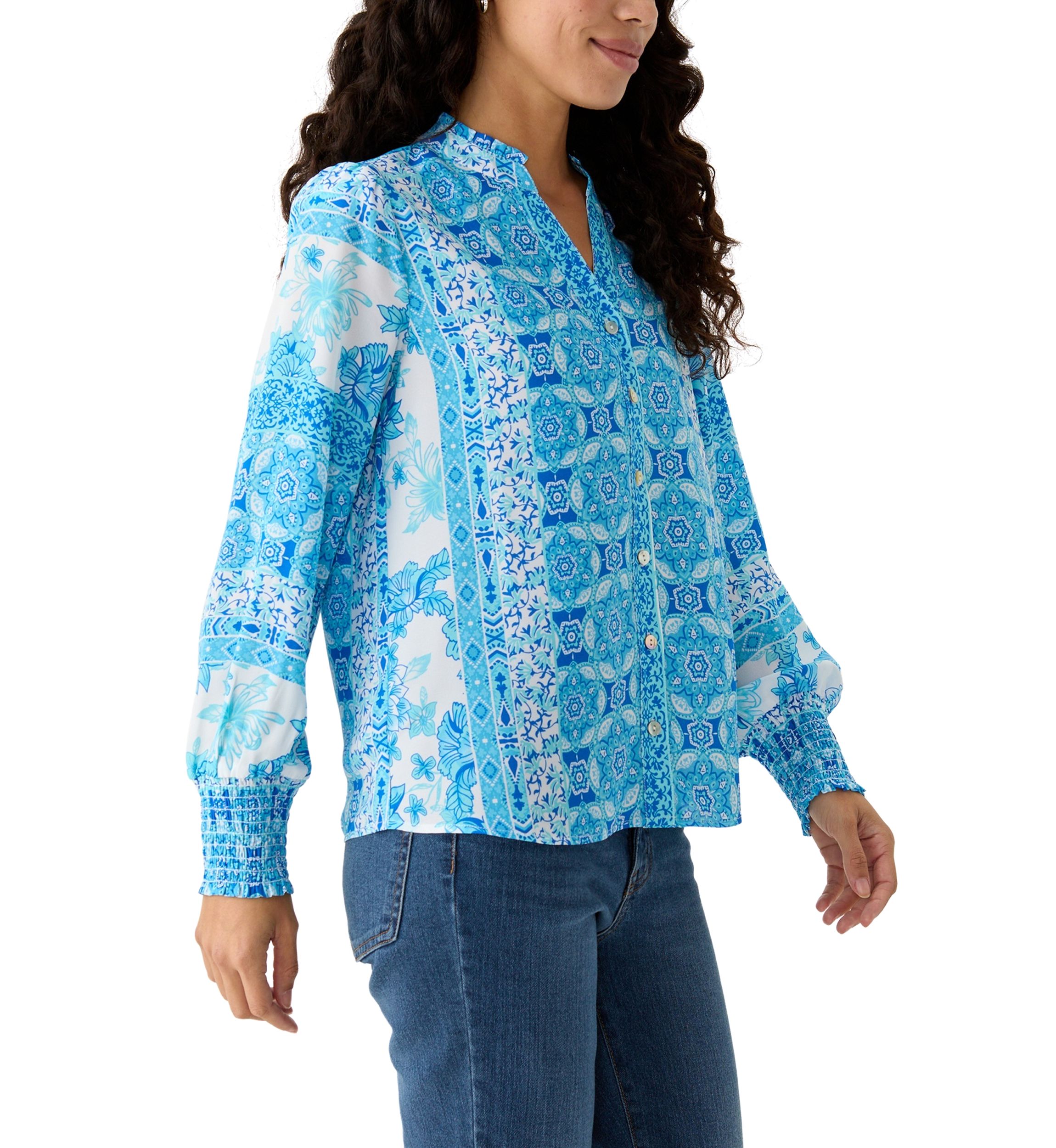 Petite Printed Long Sleeve Button Down Blouse
