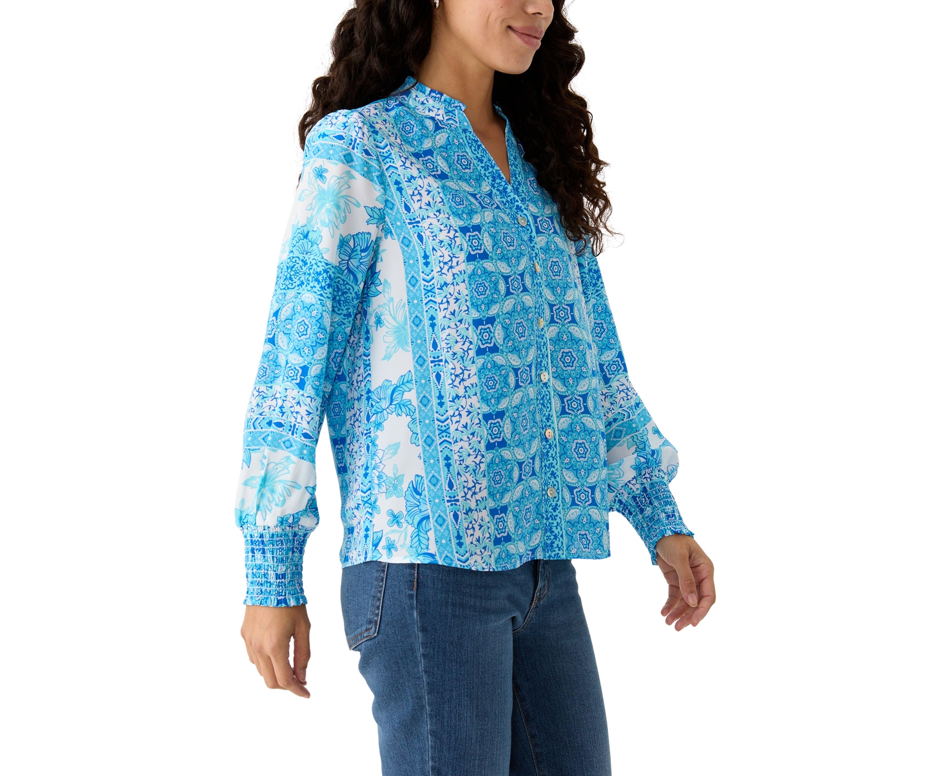 Petite Printed Long Sleeve Button Down Blouse