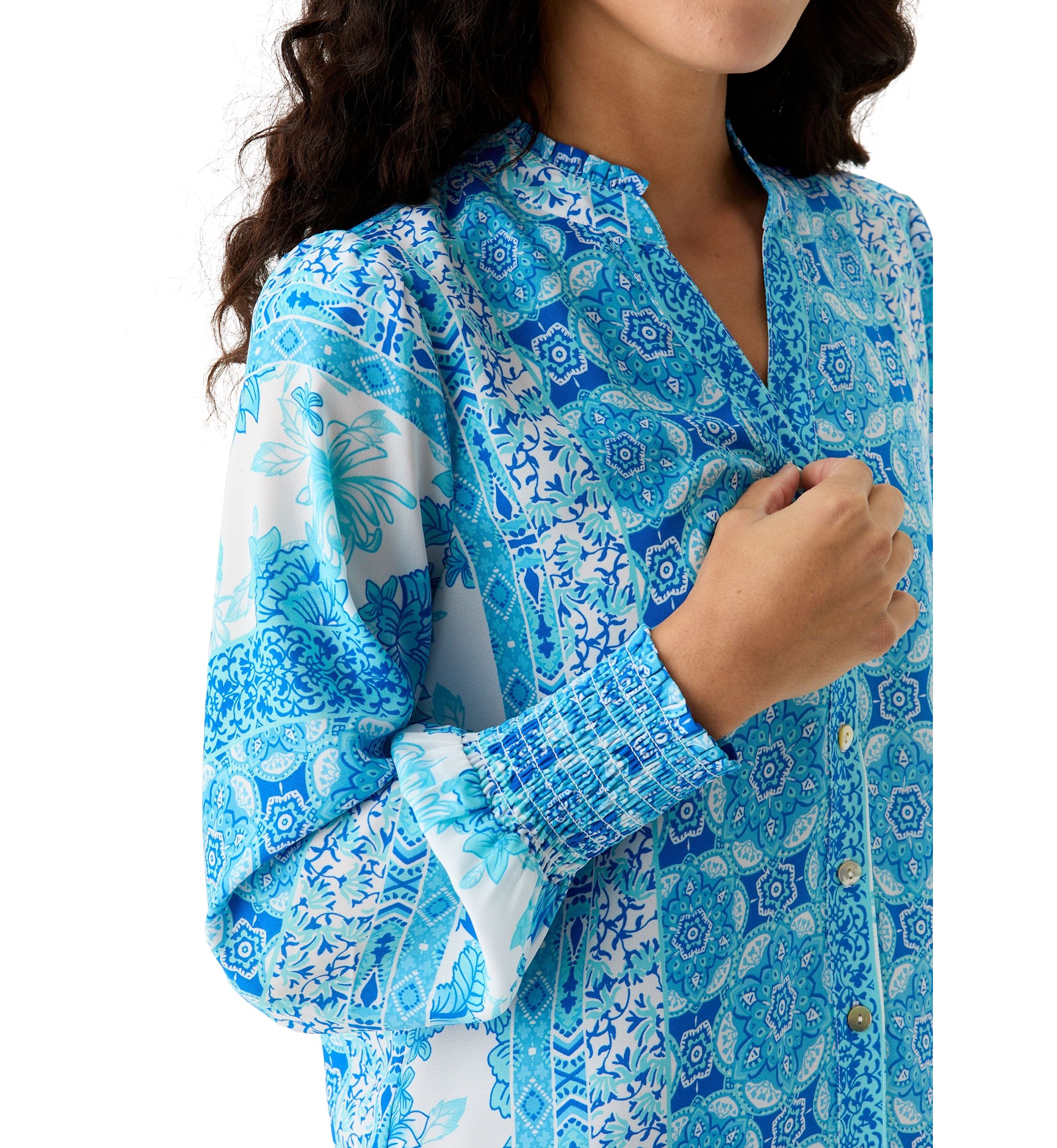 Petite Printed Long Sleeve Button Down Blouse