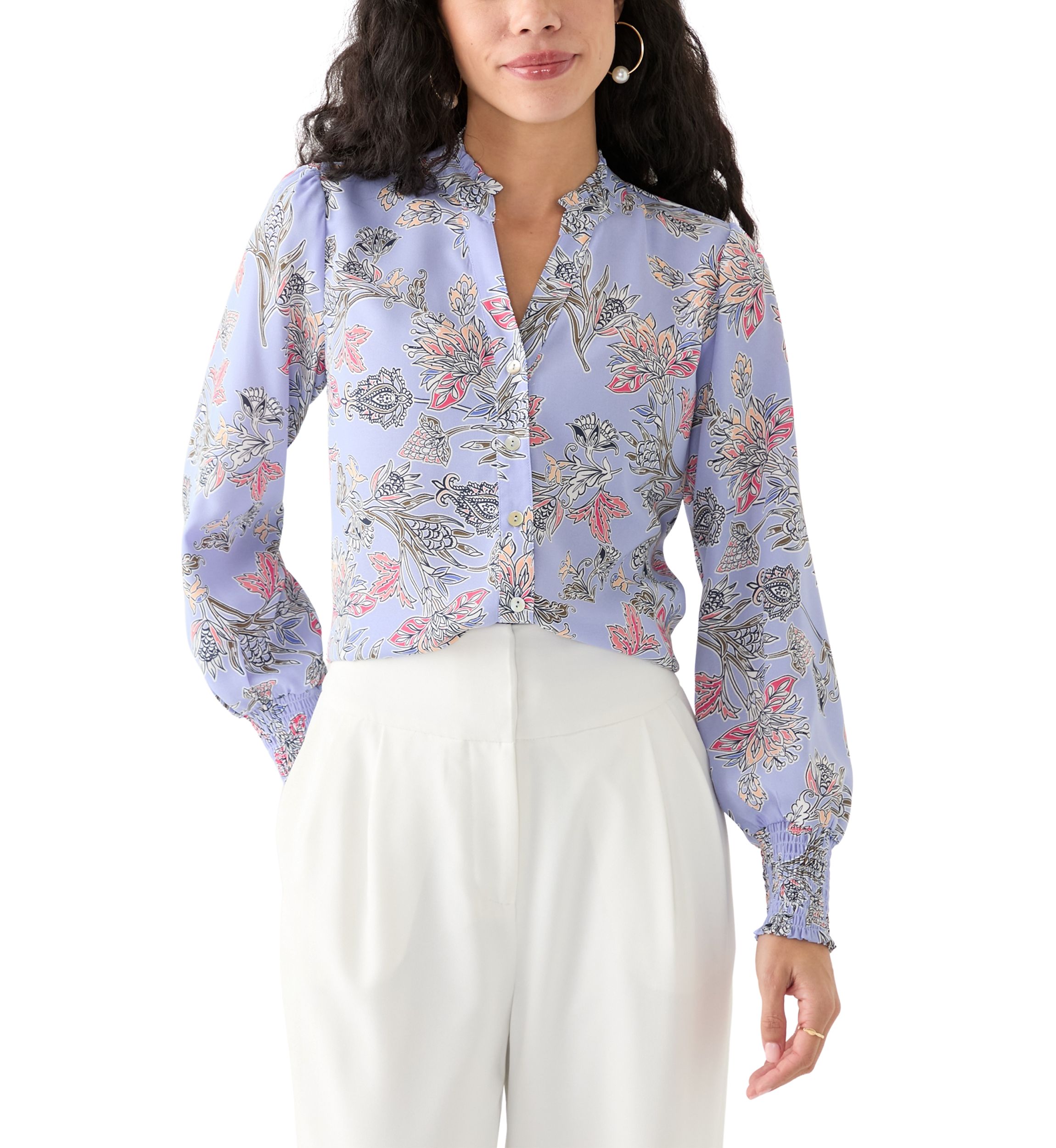Petite Long Sleeve Button Front Printed Blouse