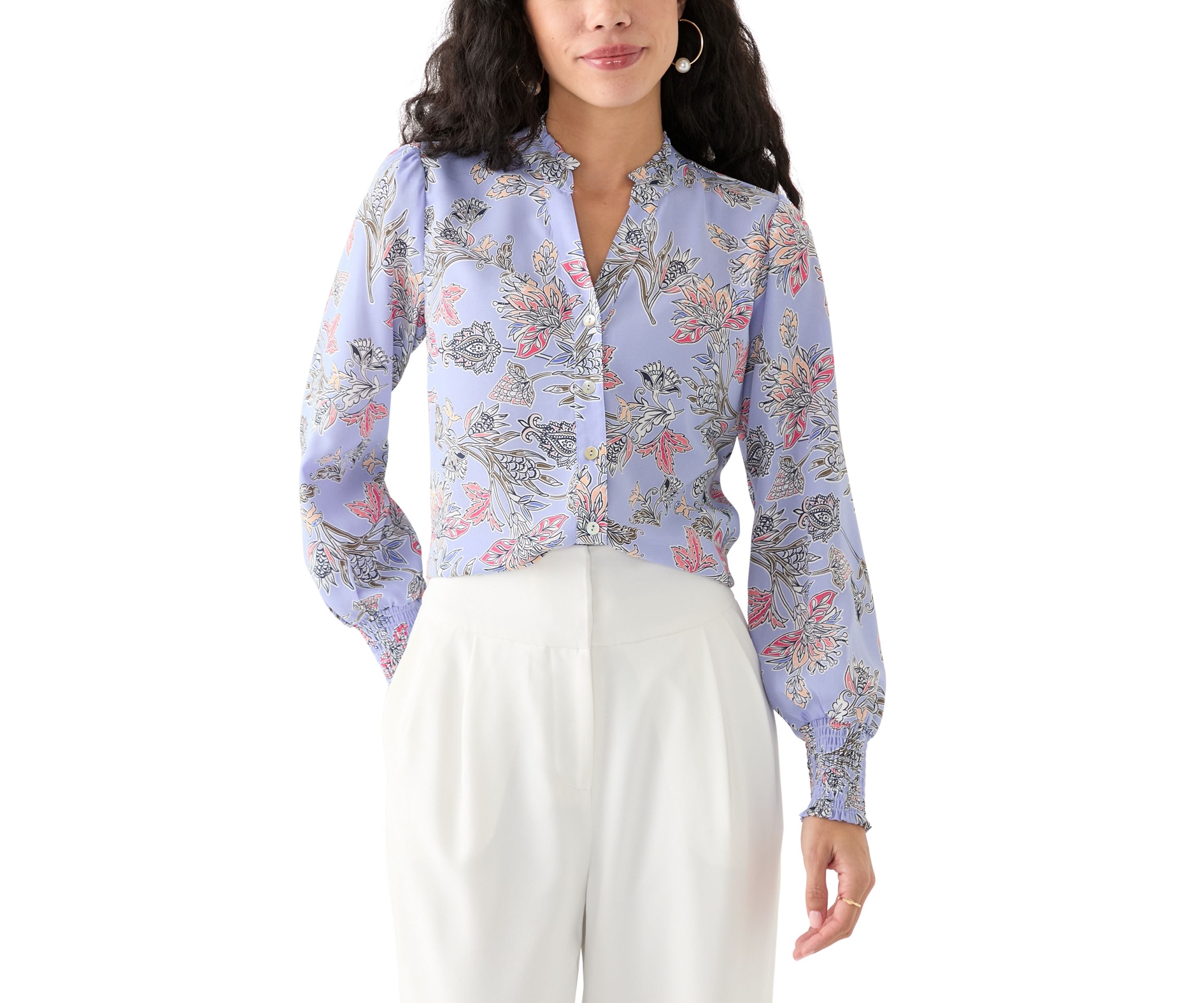 Petite Long Sleeve Button Front Printed Blouse