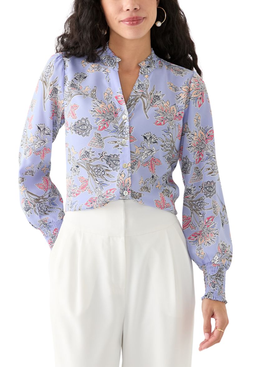 Petite Long Sleeve Button Front Printed Blouse