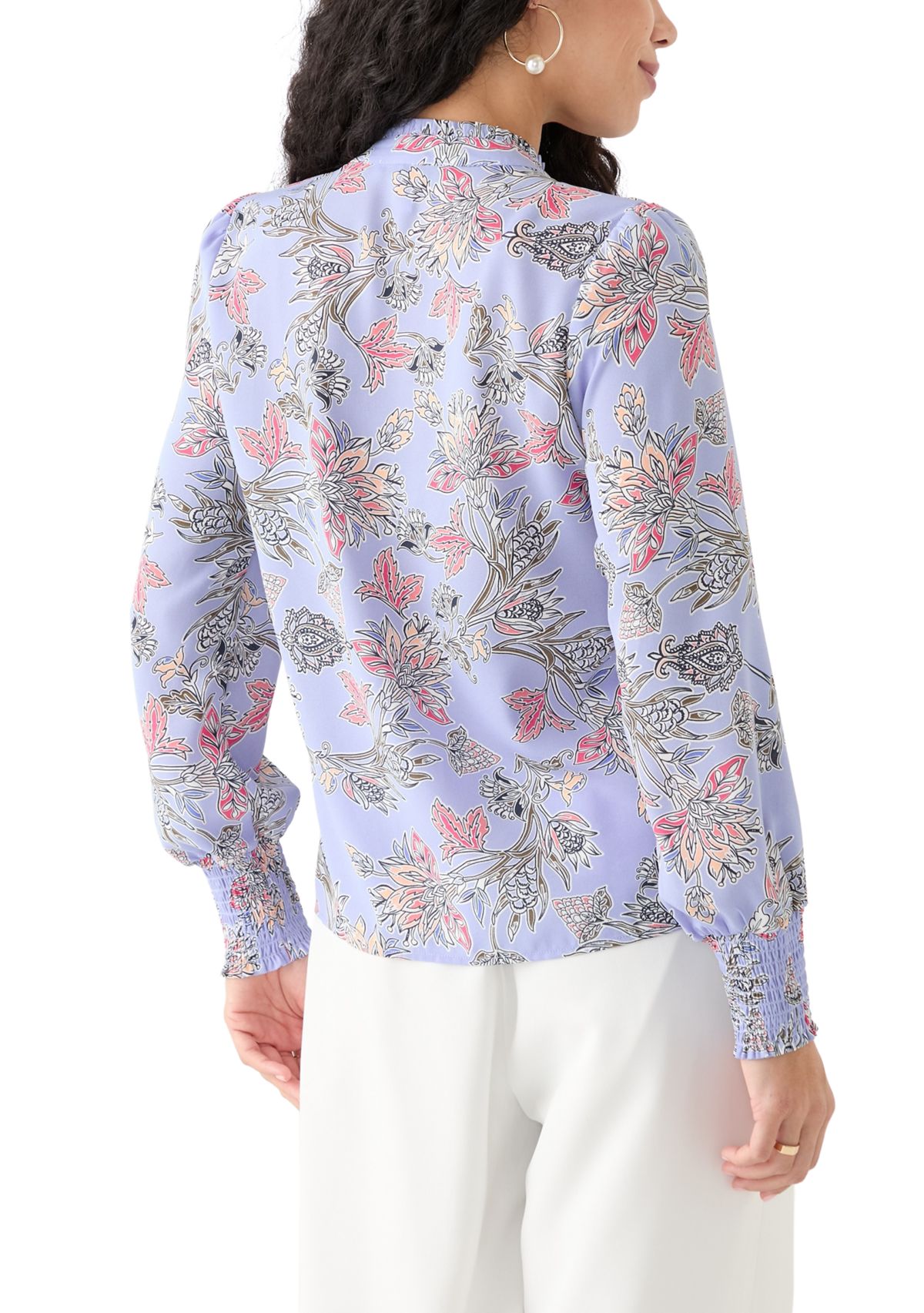 Petite Long Sleeve Button Front Printed Blouse