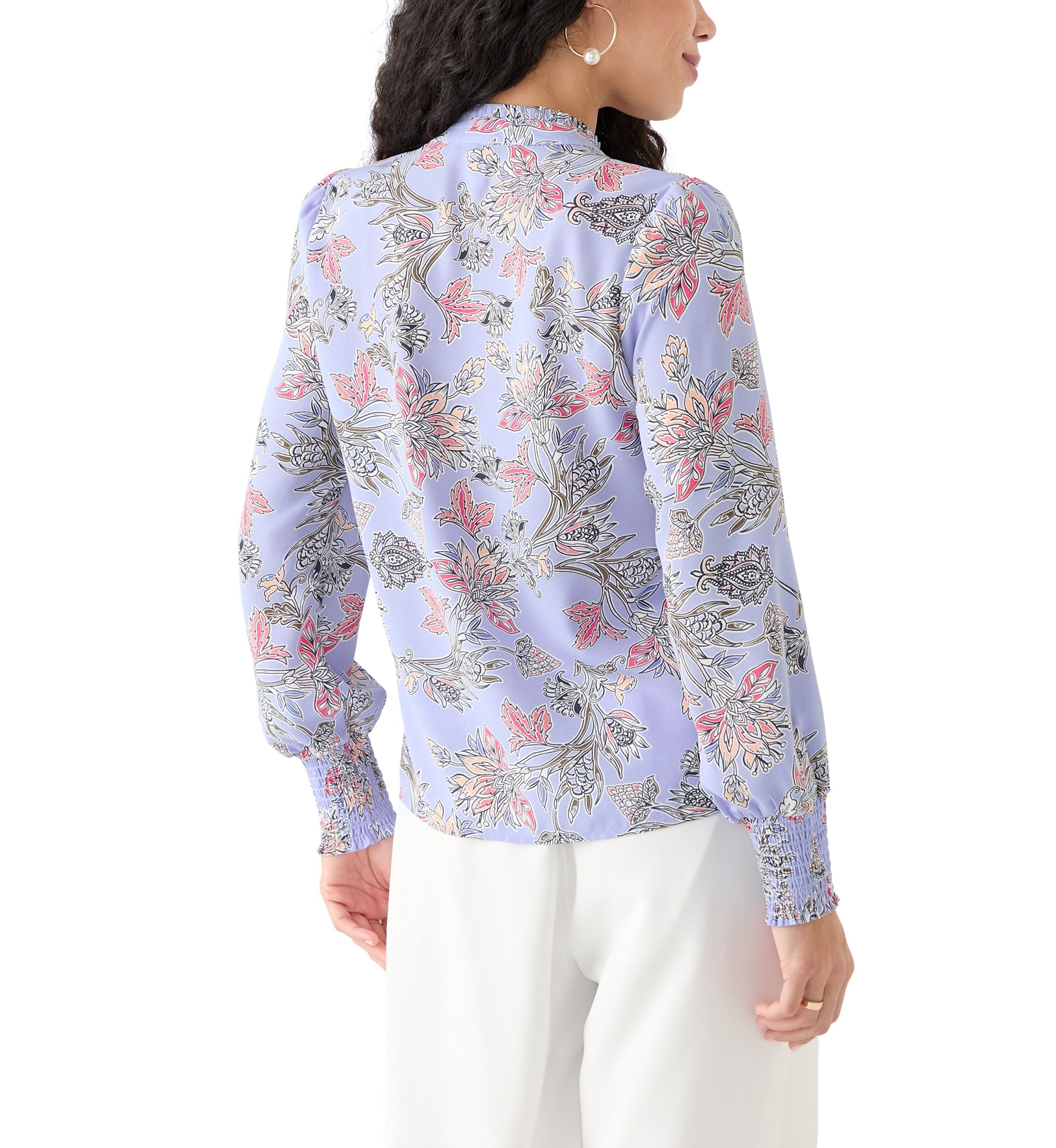 Petite Long Sleeve Button Front Printed Blouse