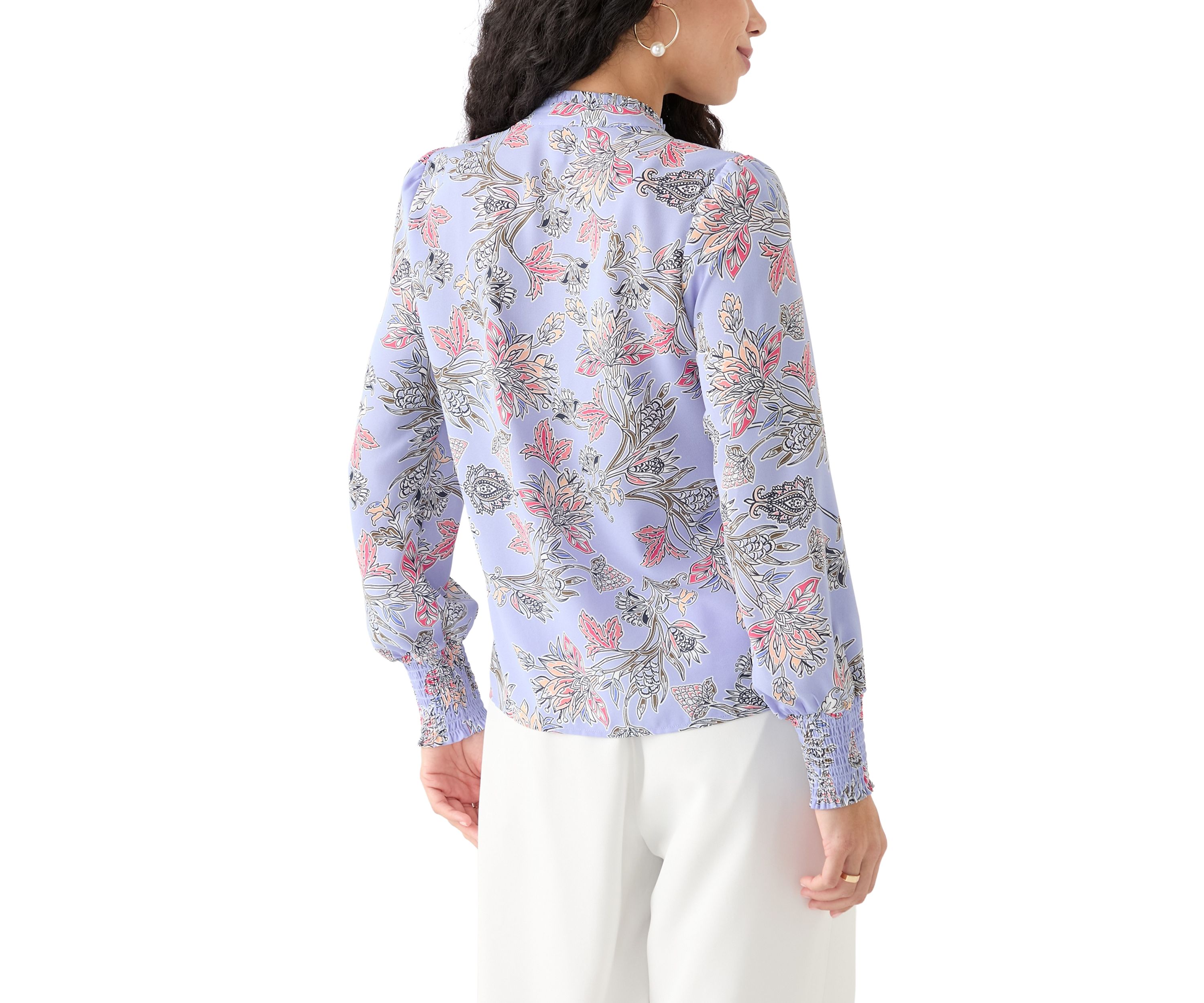 Petite Long Sleeve Button Front Printed Blouse