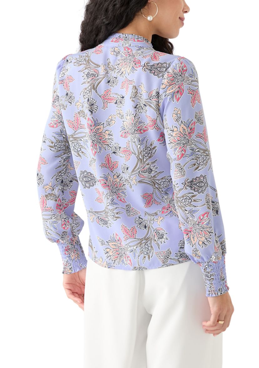 Petite Long Sleeve Button Front Printed Blouse