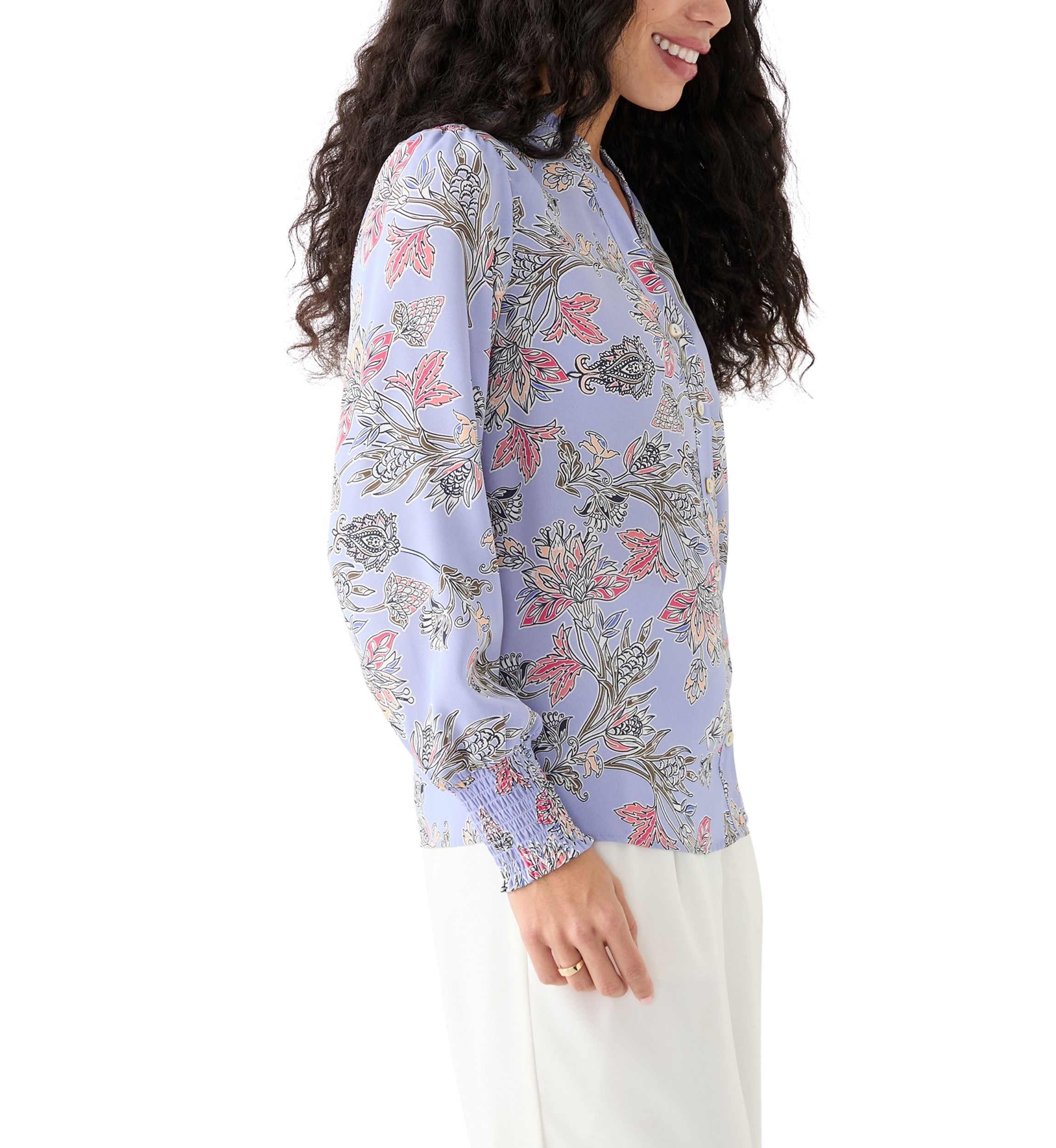 Petite Long Sleeve Button Front Printed Blouse