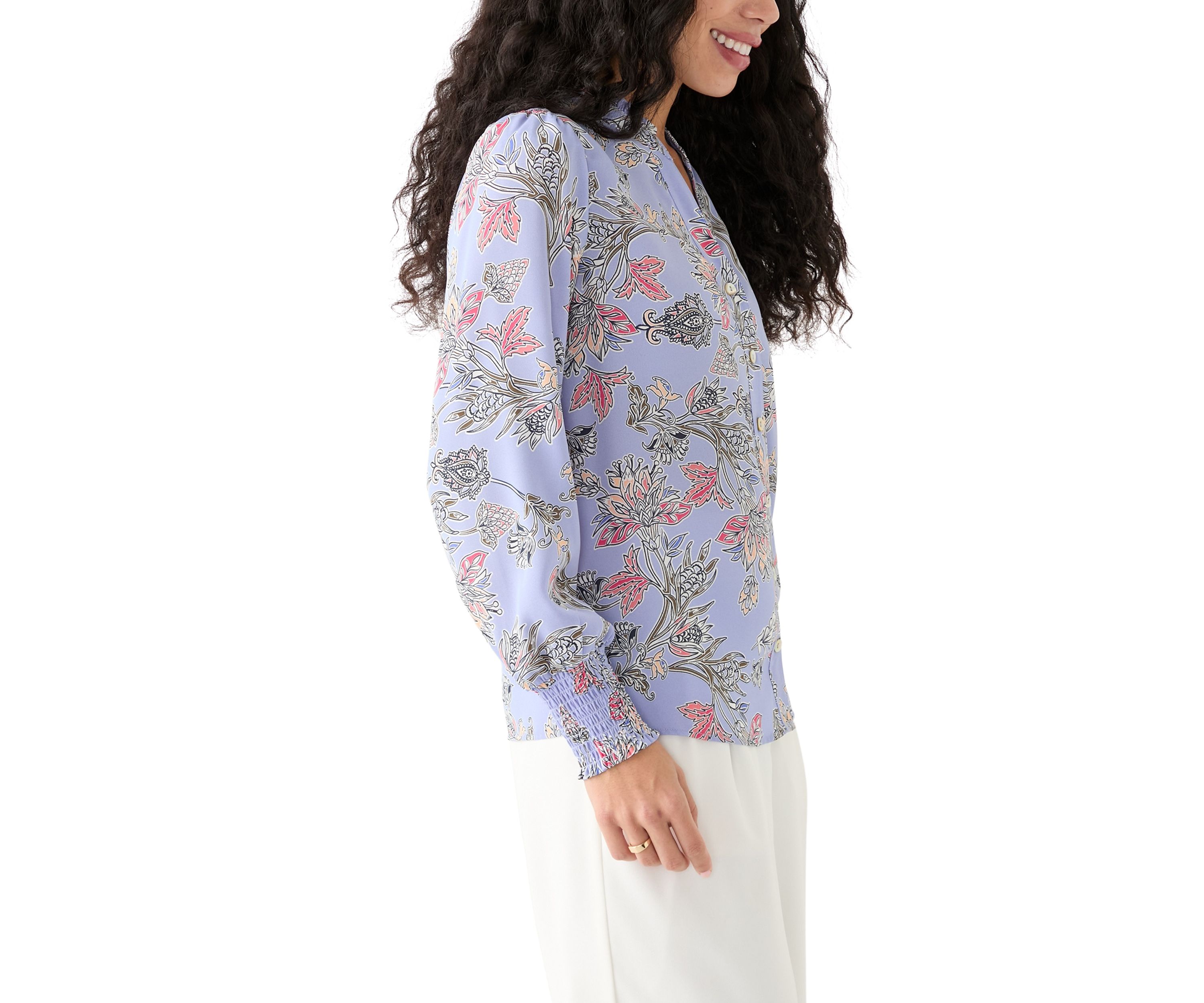 Petite Long Sleeve Button Front Printed Blouse