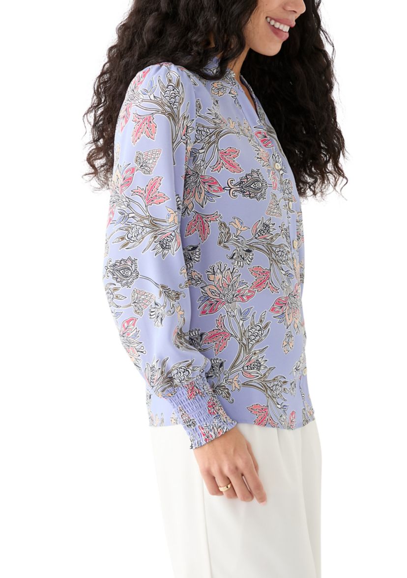 Petite Long Sleeve Button Front Printed Blouse