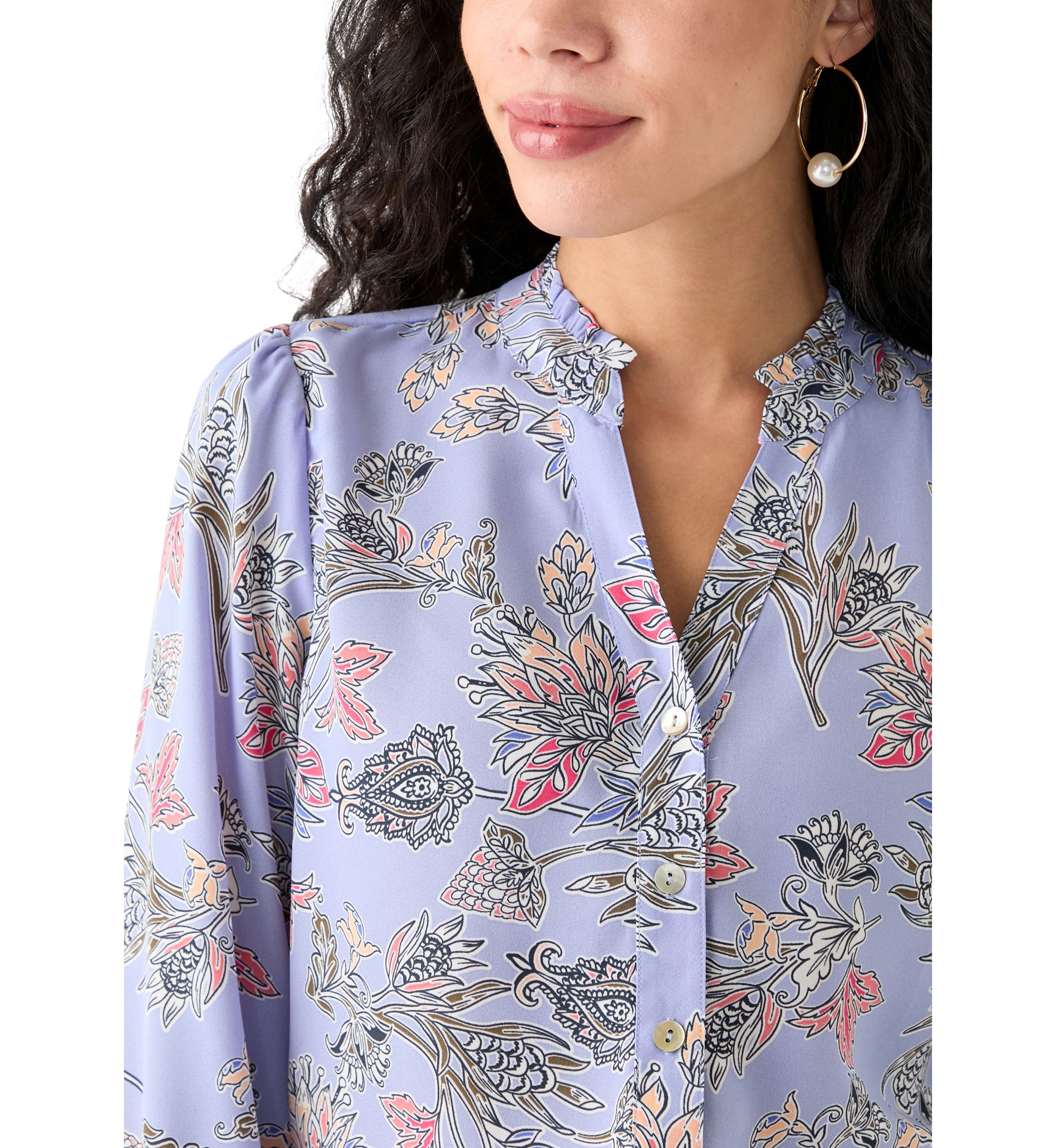 Petite Long Sleeve Button Front Printed Blouse