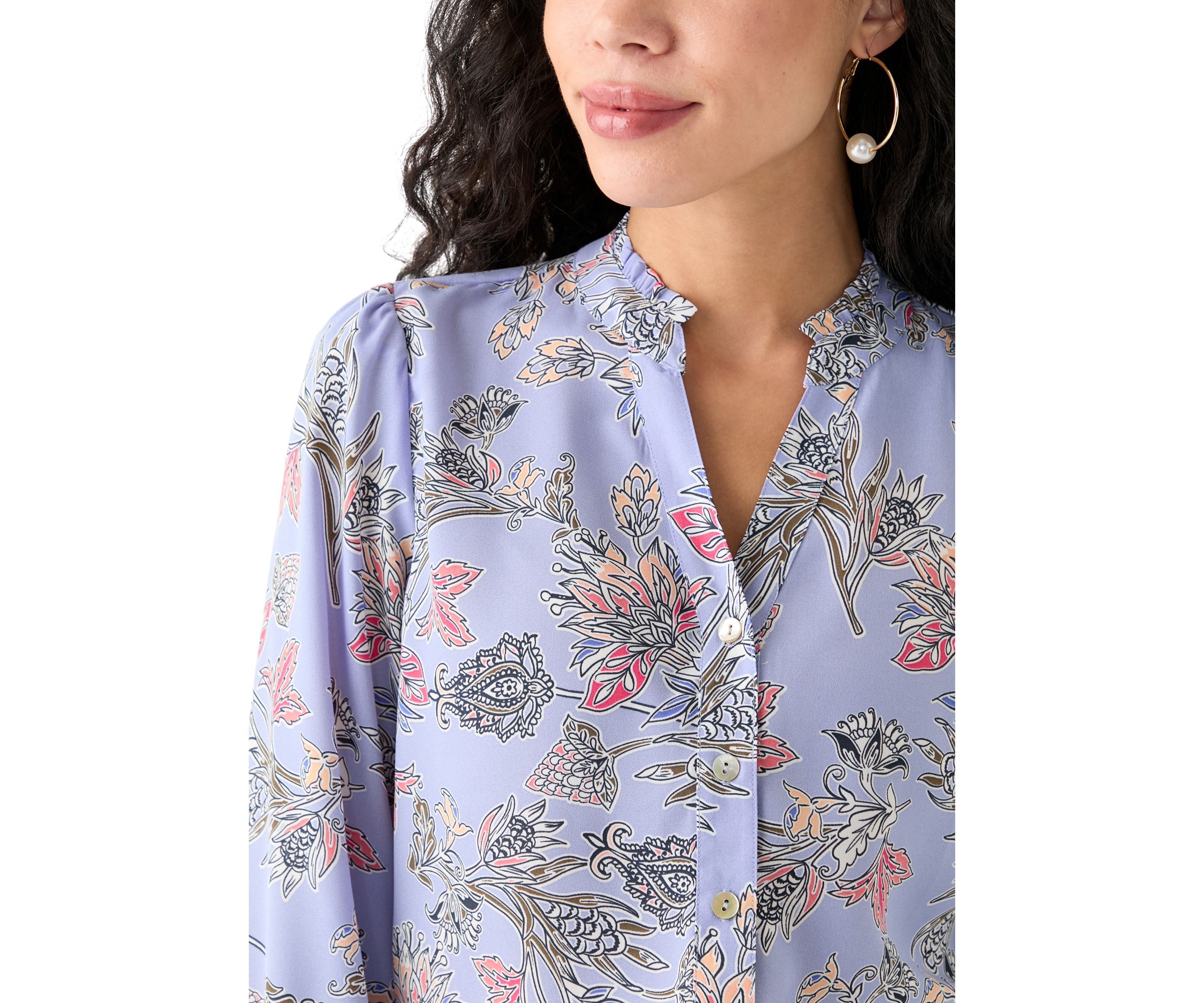 Petite Long Sleeve Button Front Printed Blouse