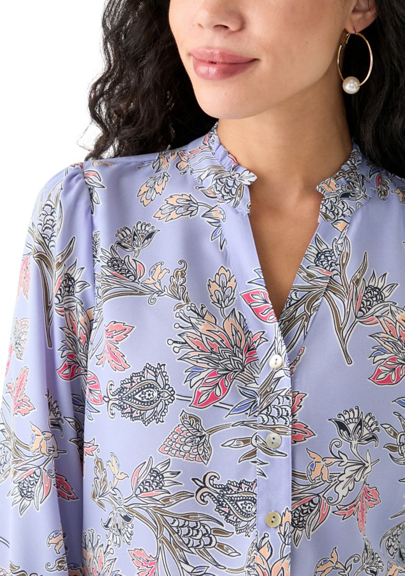 Petite Long Sleeve Button Front Printed Blouse