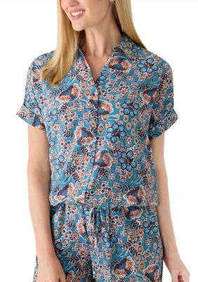 Single Thread Women's Petite Short Sleeve Tie Waist Print Shirt