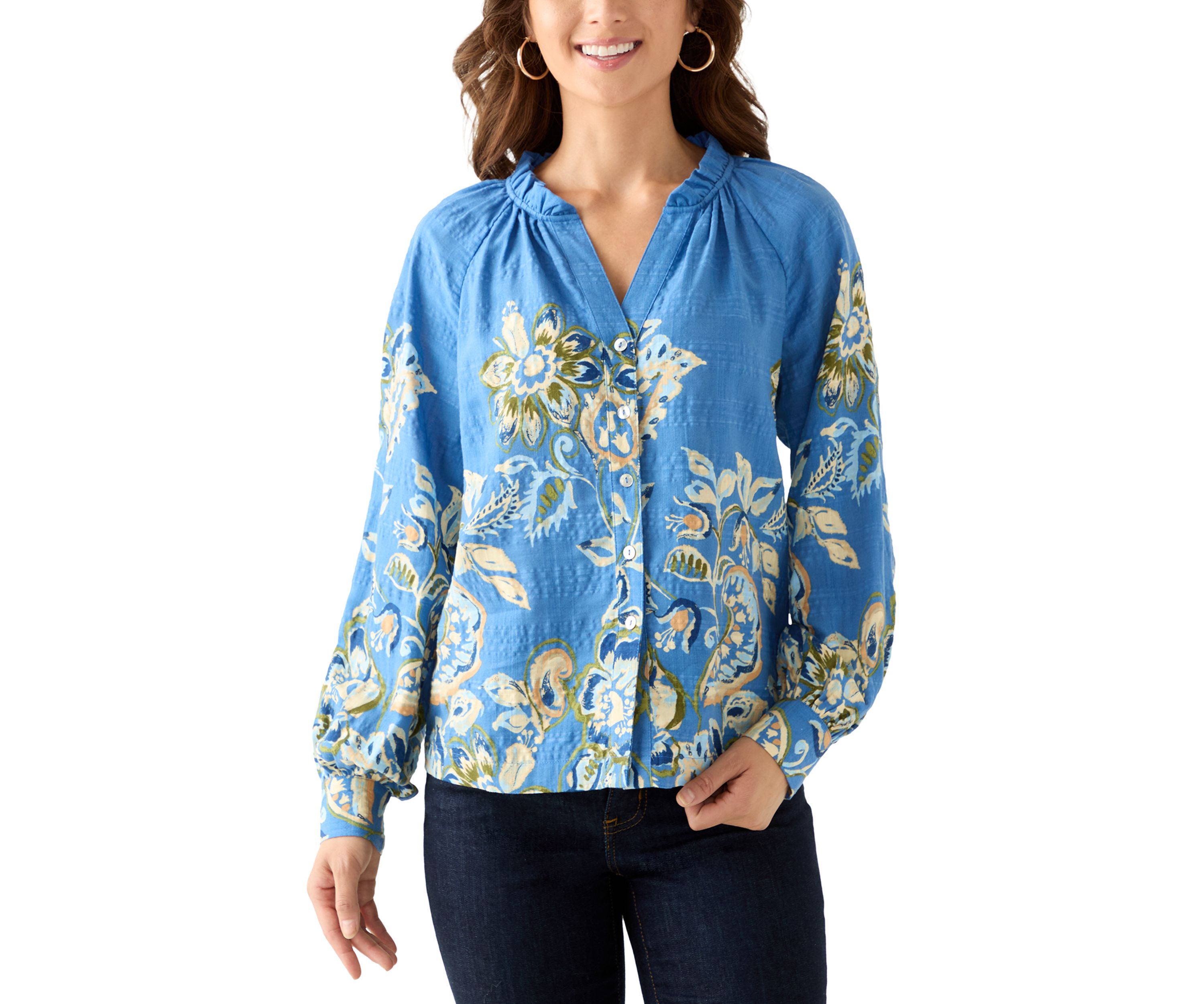Petite Ruffle Neck Printed Blouse
