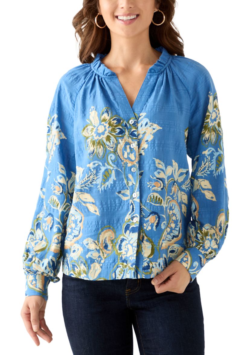 Petite Ruffle Neck Printed Blouse