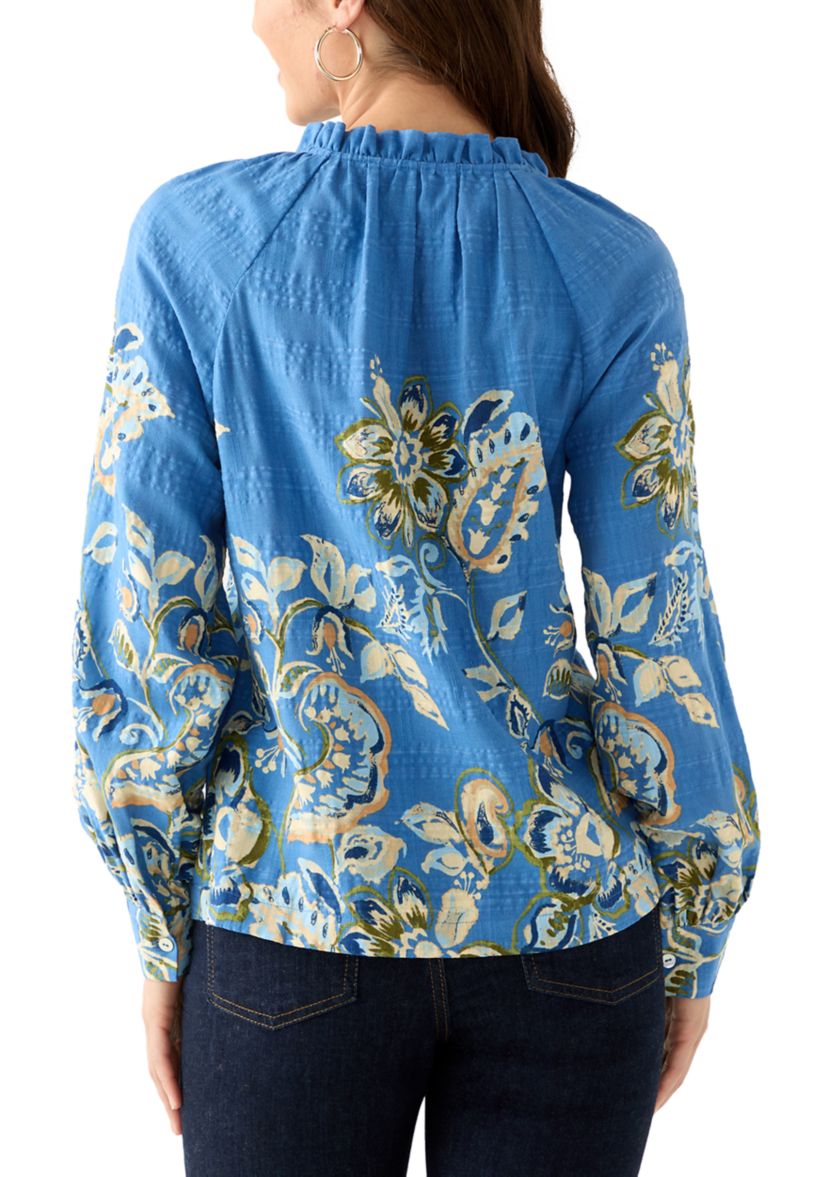 Petite Ruffle Neck Printed Blouse