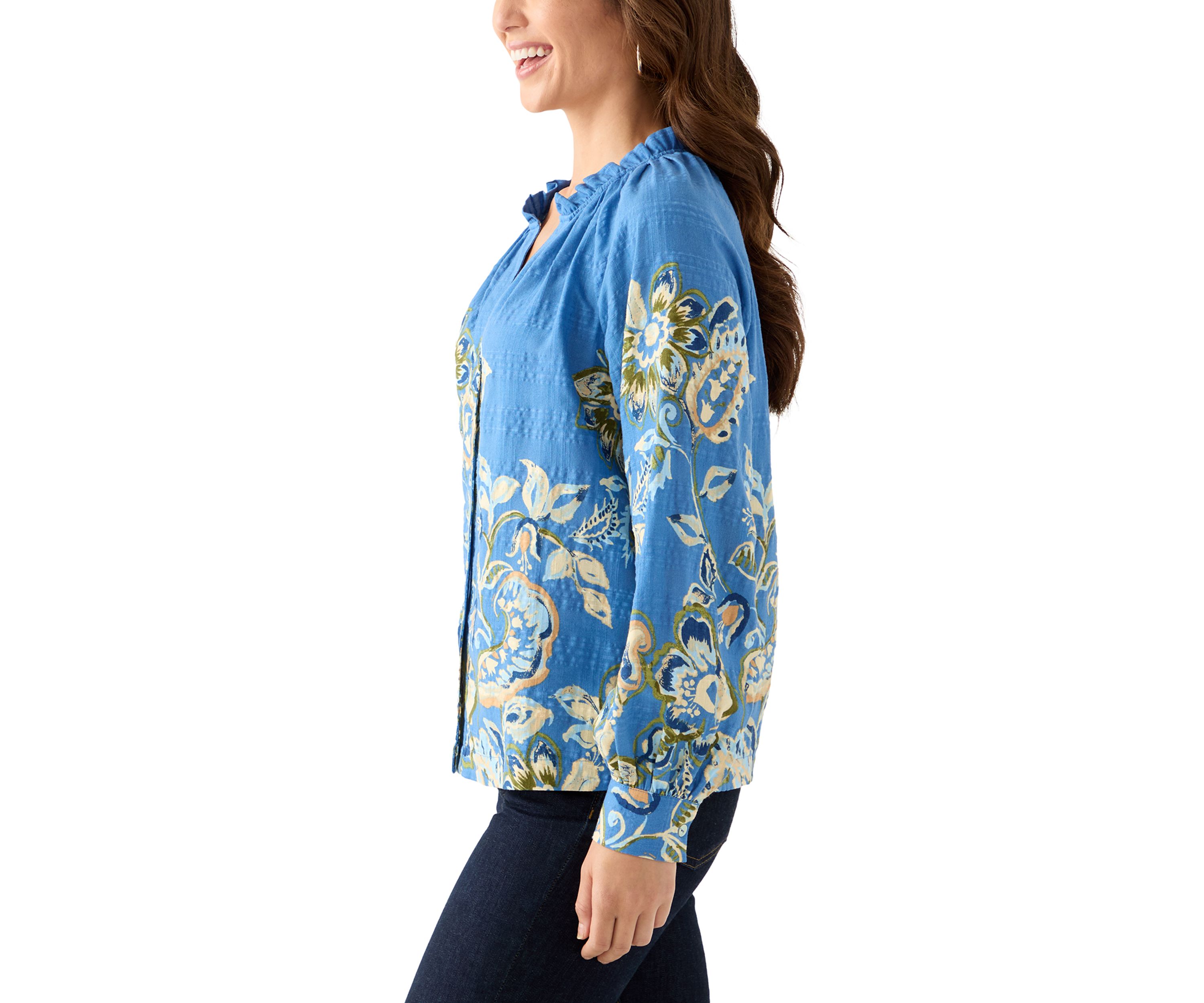 Petite Ruffle Neck Printed Blouse