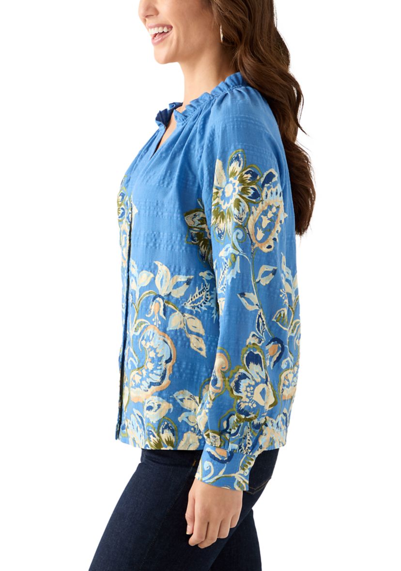 Petite Ruffle Neck Printed Blouse
