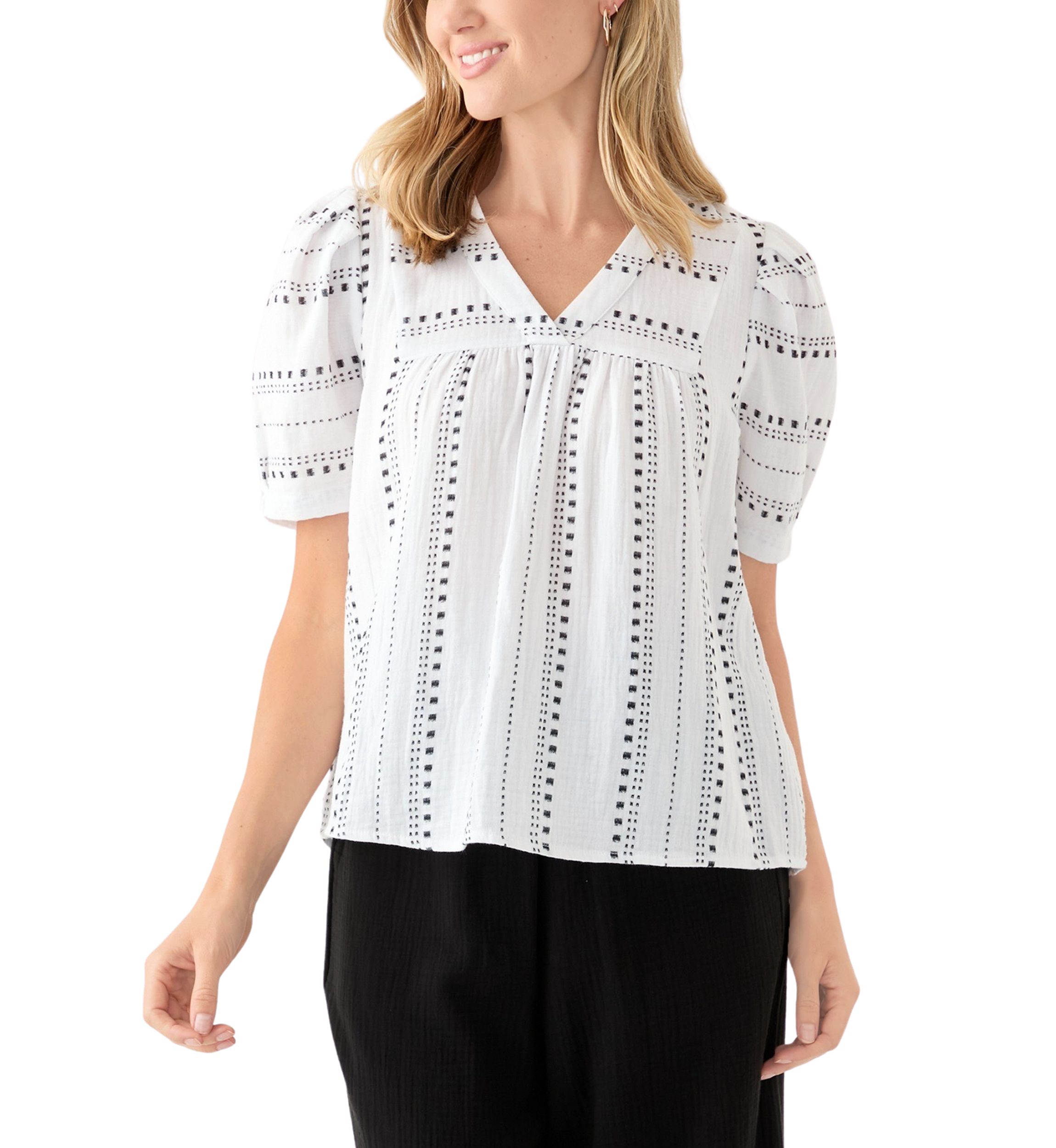 Petite Puff Sleeve Printed V-Neck Top 