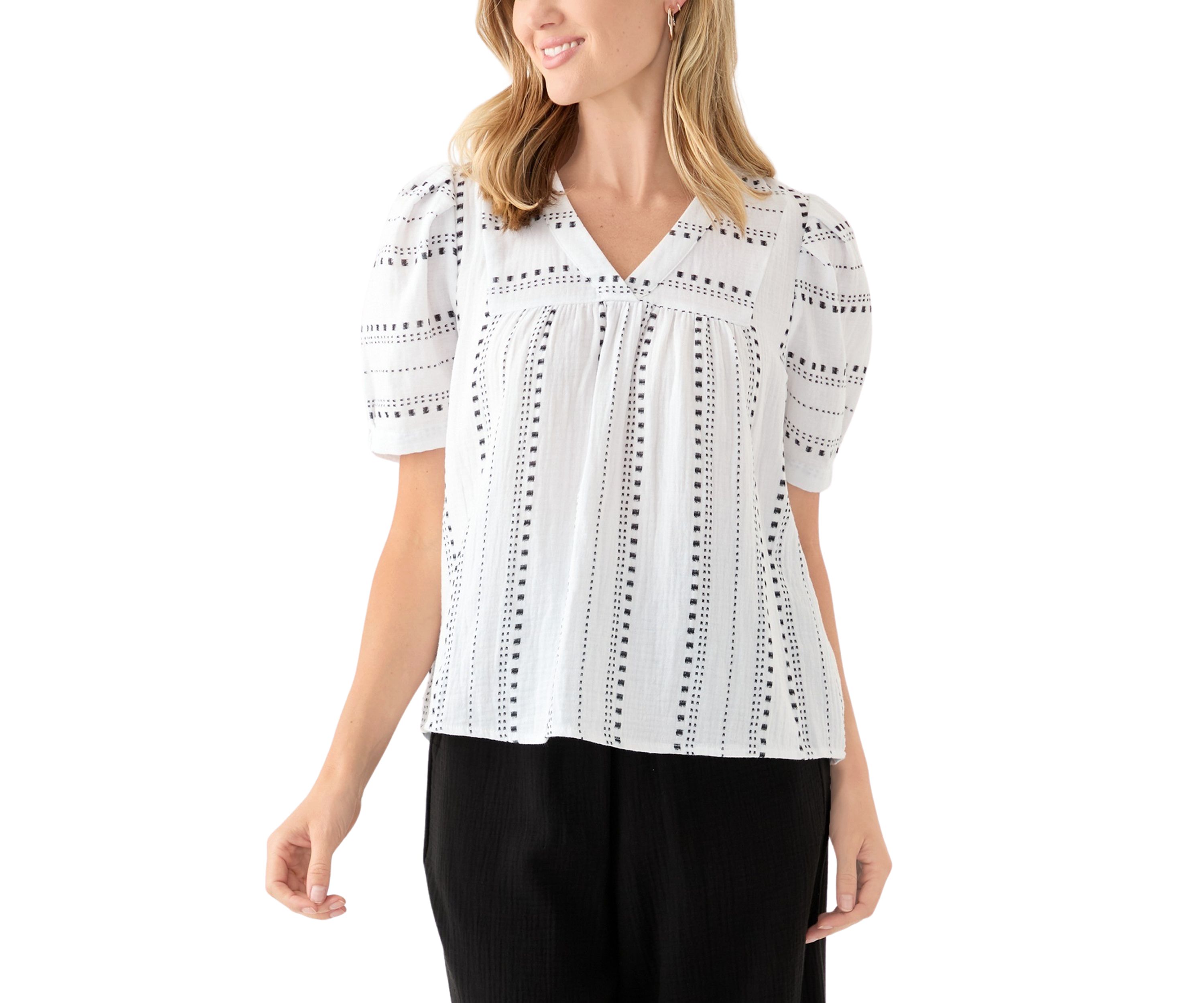 Petite Puff Sleeve Printed V-Neck Top 