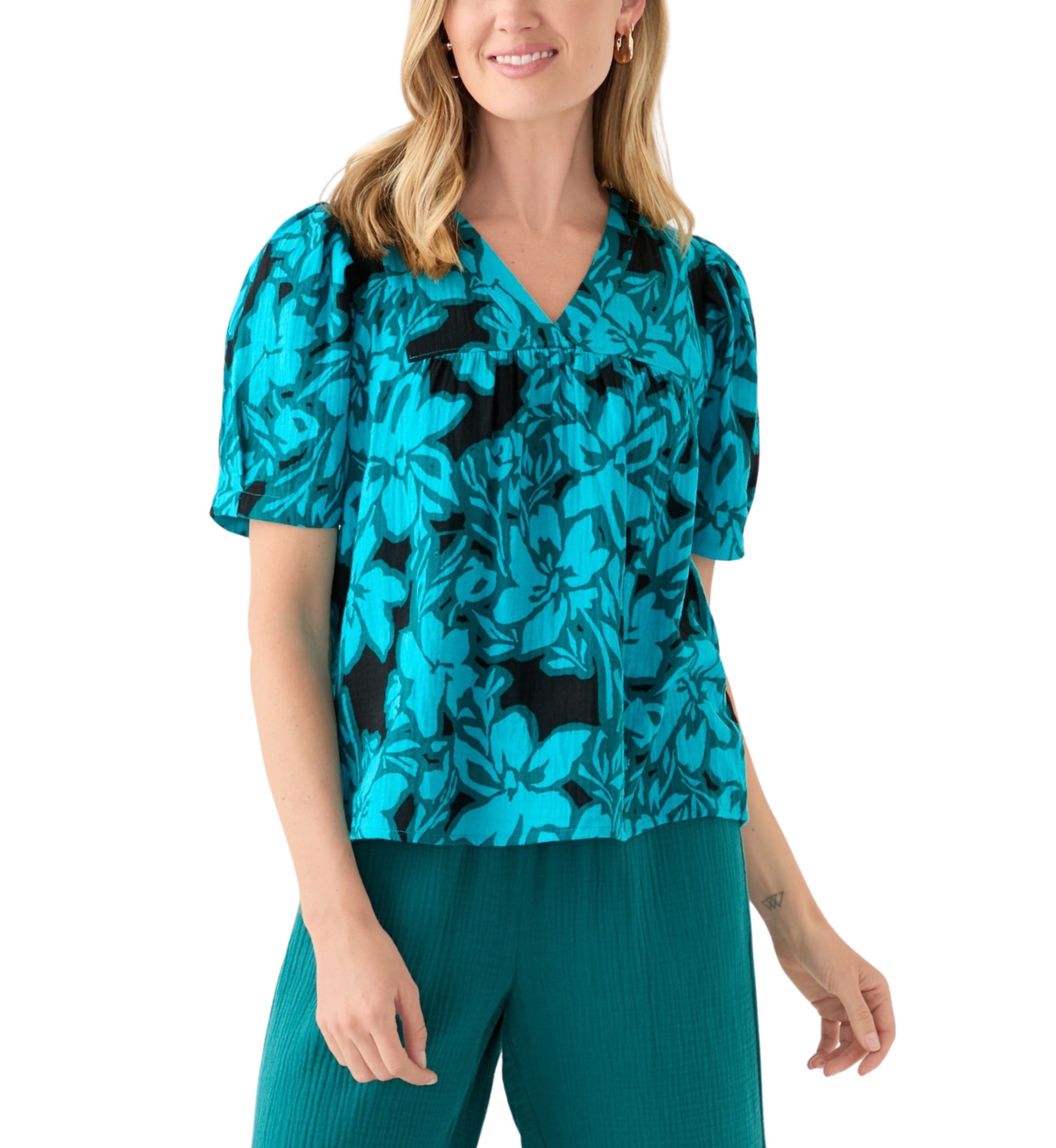 Petite Puff Sleeve Tropical Print Top 