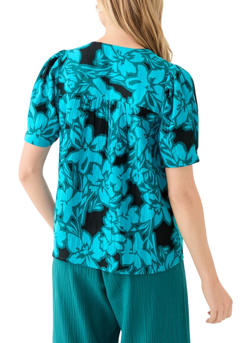 Petite Puff Sleeve Tropical Print Top 