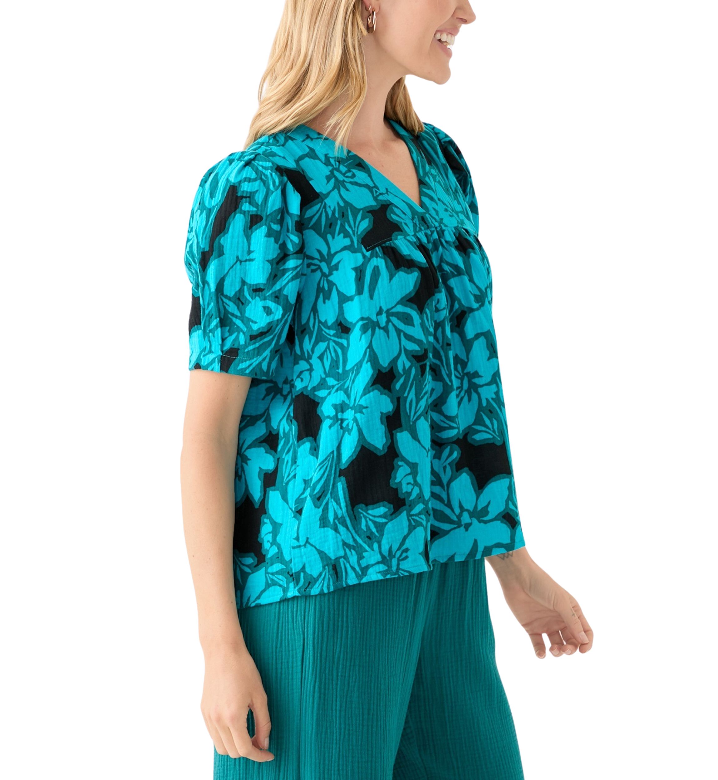 Petite Puff Sleeve Tropical Print Top 