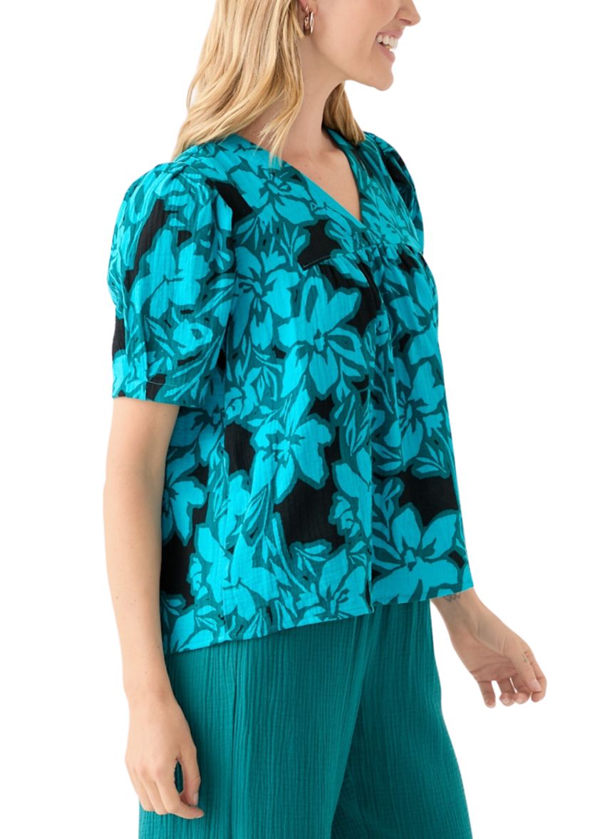 Petite Puff Sleeve Tropical Print Top 