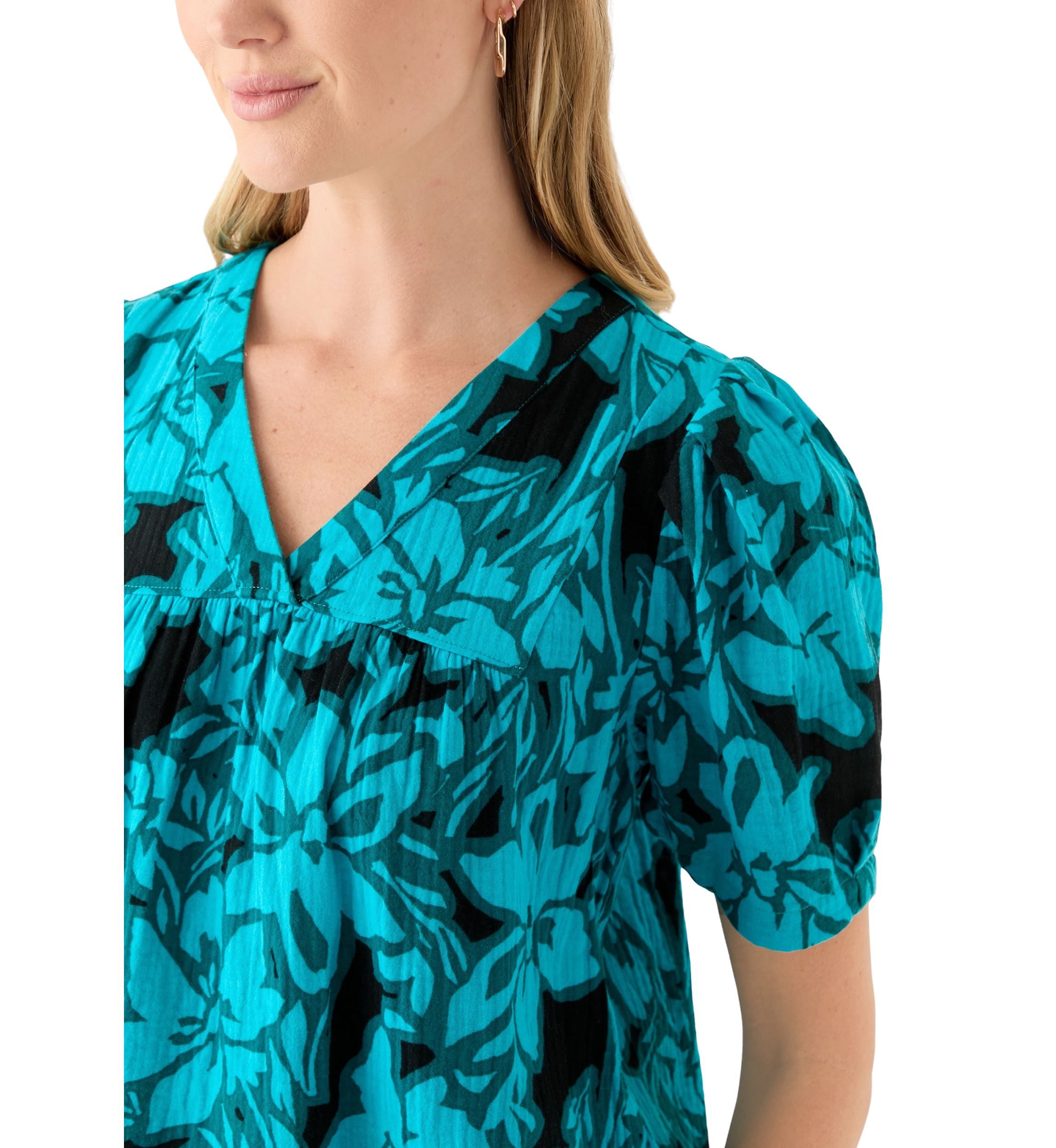 Petite Puff Sleeve Tropical Print Top 