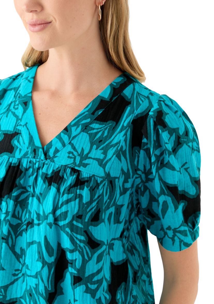 Petite Puff Sleeve Tropical Print Top 