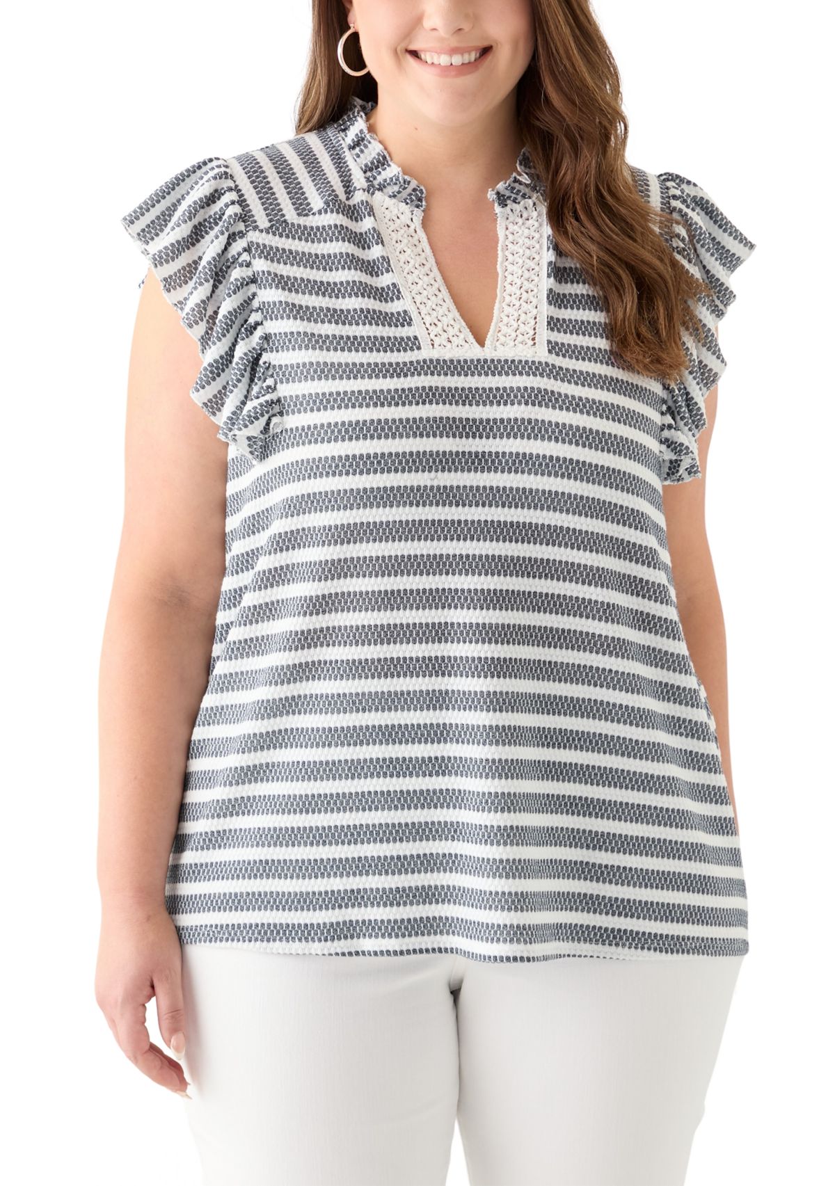 Plus Size Flutter Sleeve Stripe Knit Gauze Top 