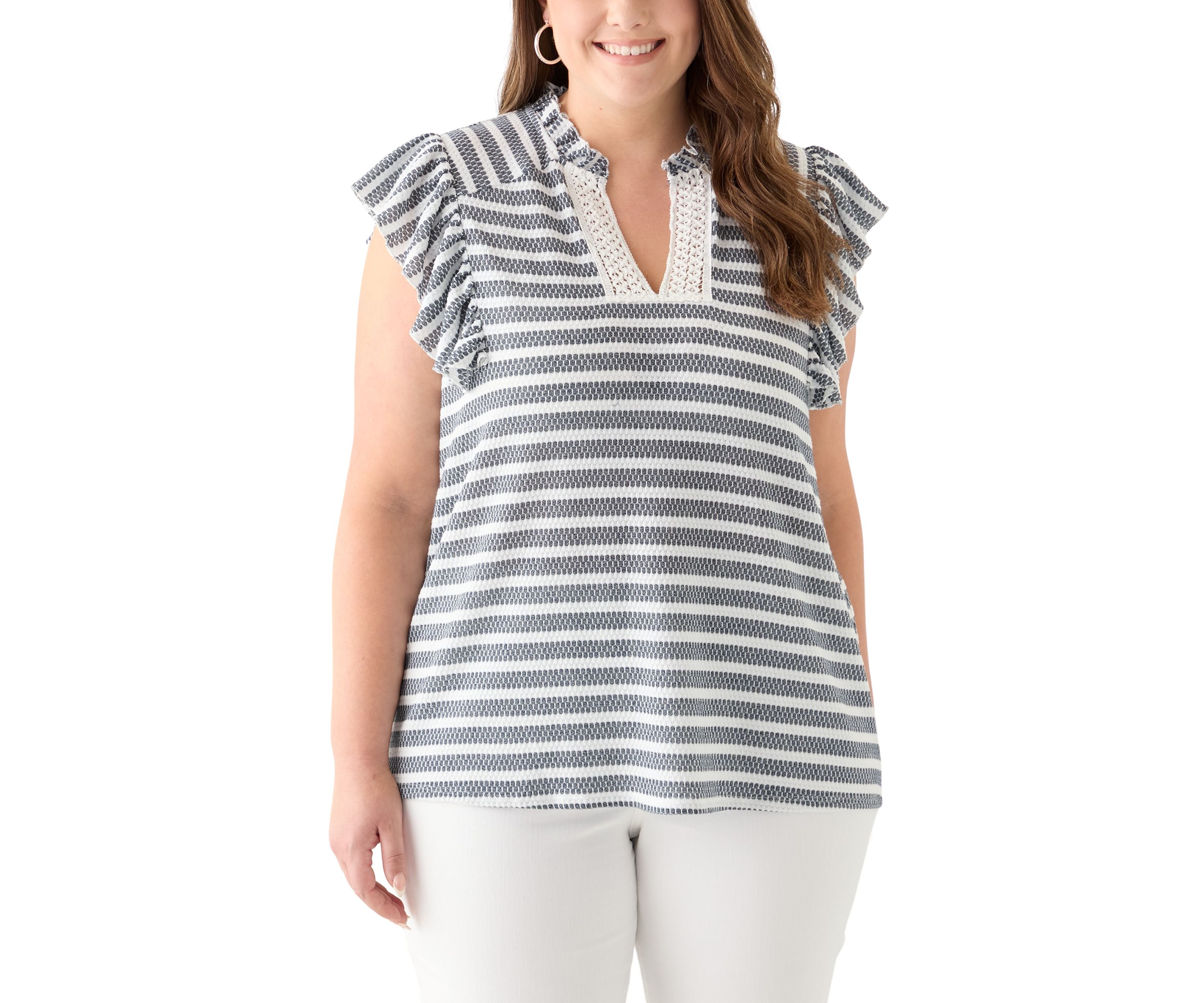 Plus Size Flutter Sleeve Stripe Knit Gauze Top 